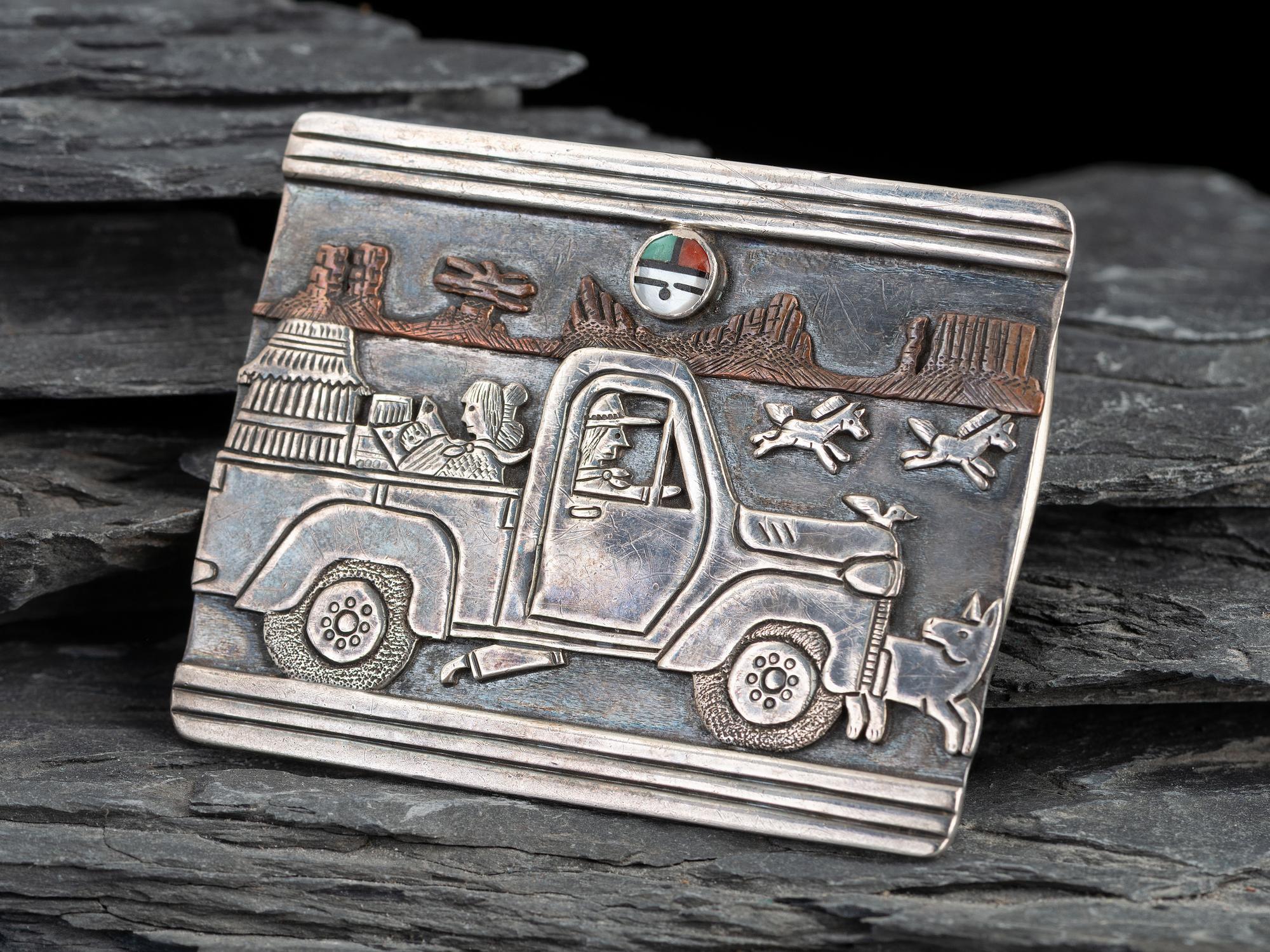 Sterling Silver Storyteller Pickup Truck Belt Buckle, with Copper and Inlaid Accents