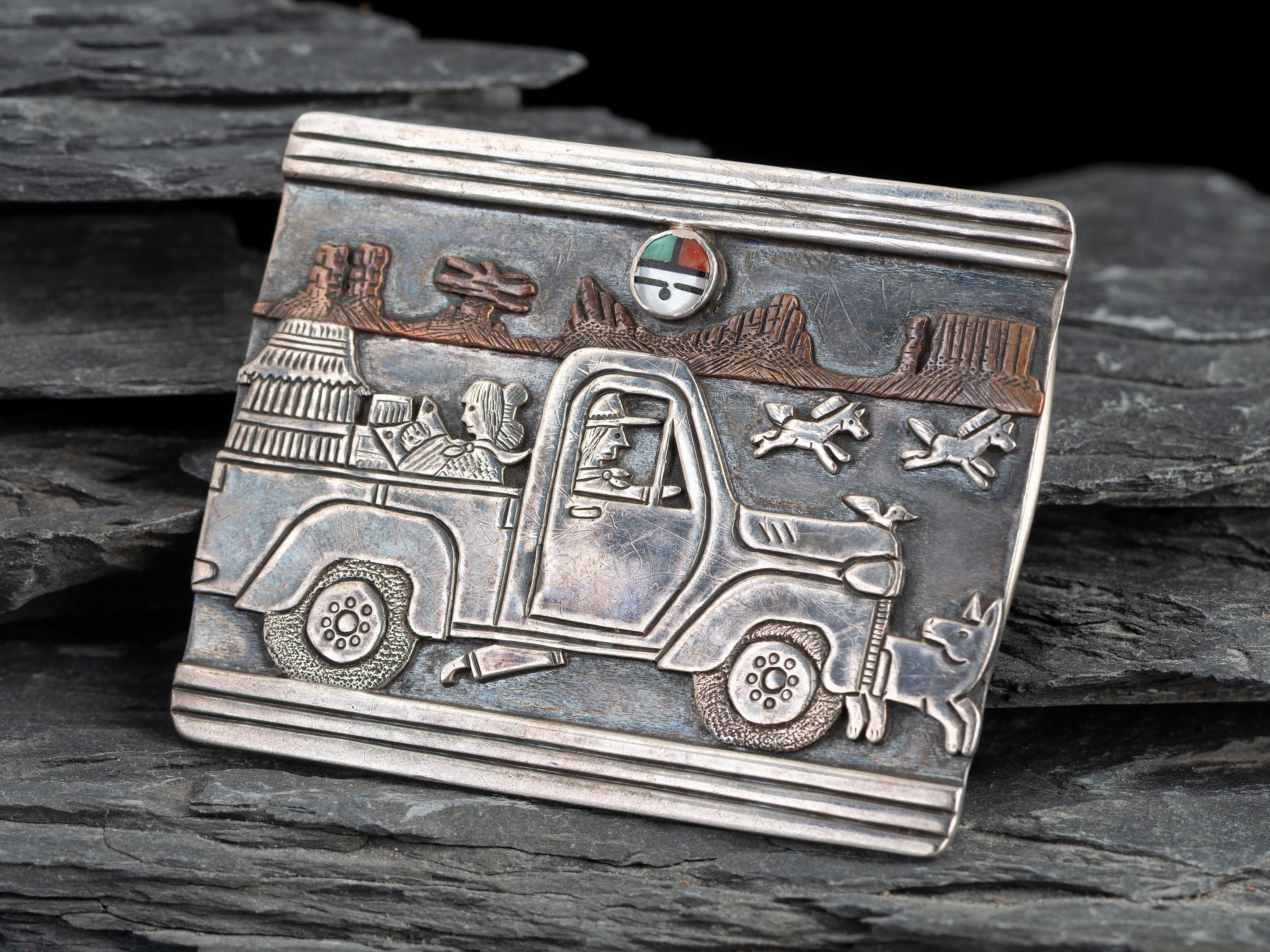 Sterling Silver Storyteller Pickup Truck Belt Buckle, with Copper and Inlaid Accents