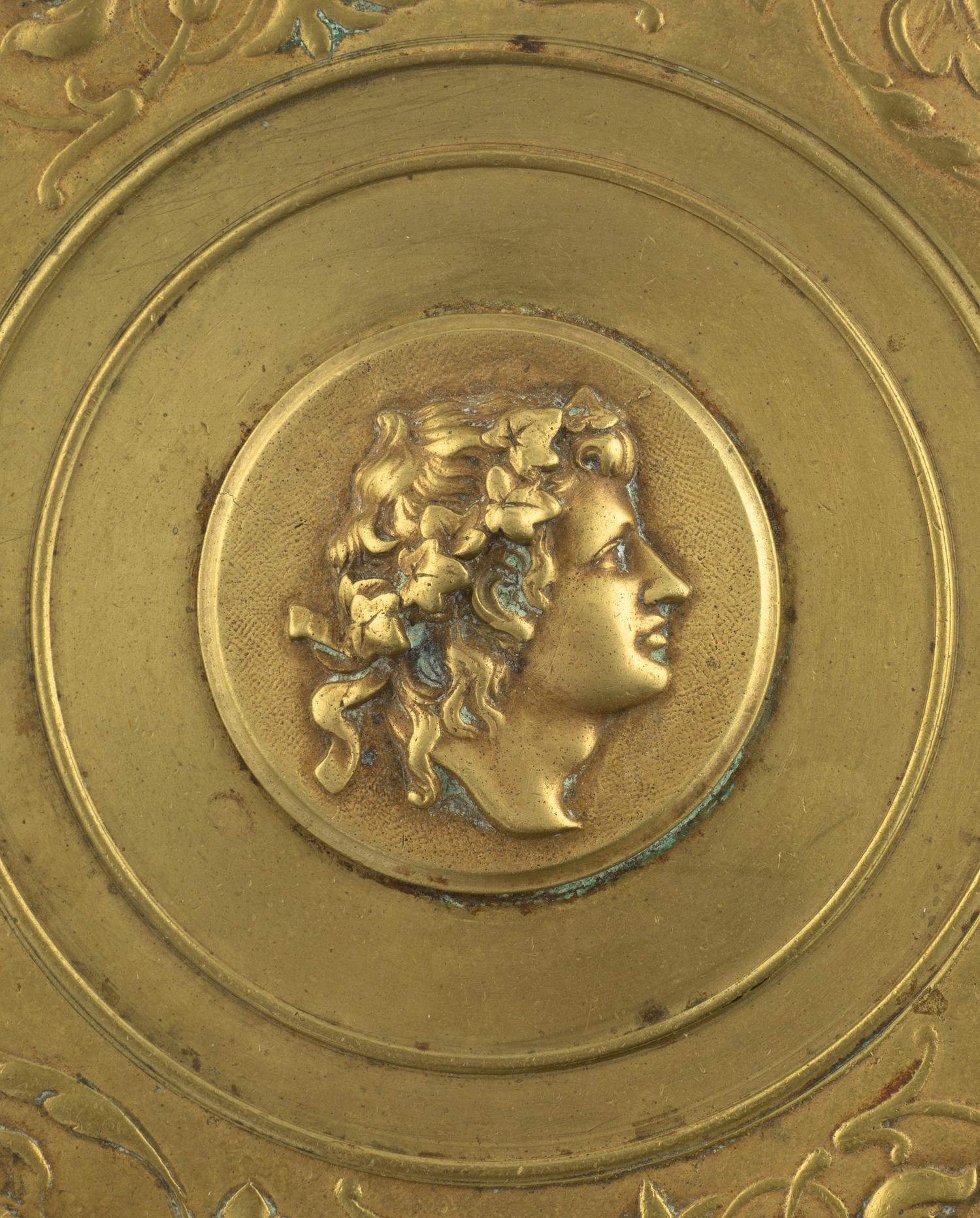 A French Gilt Bronze and Enamel Box and a Brass Tazza