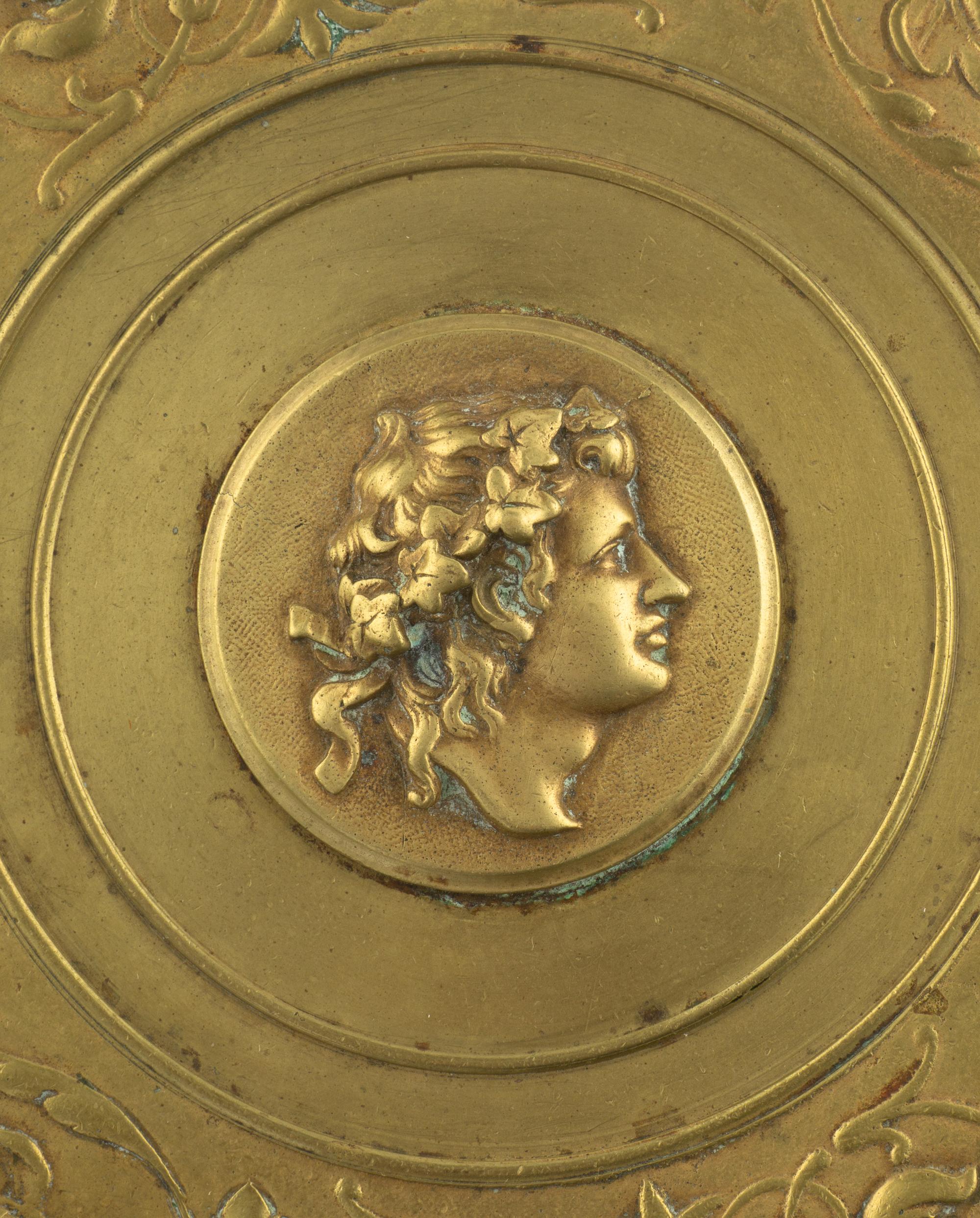 A French Gilt Bronze and Enamel Box and a Brass Tazza