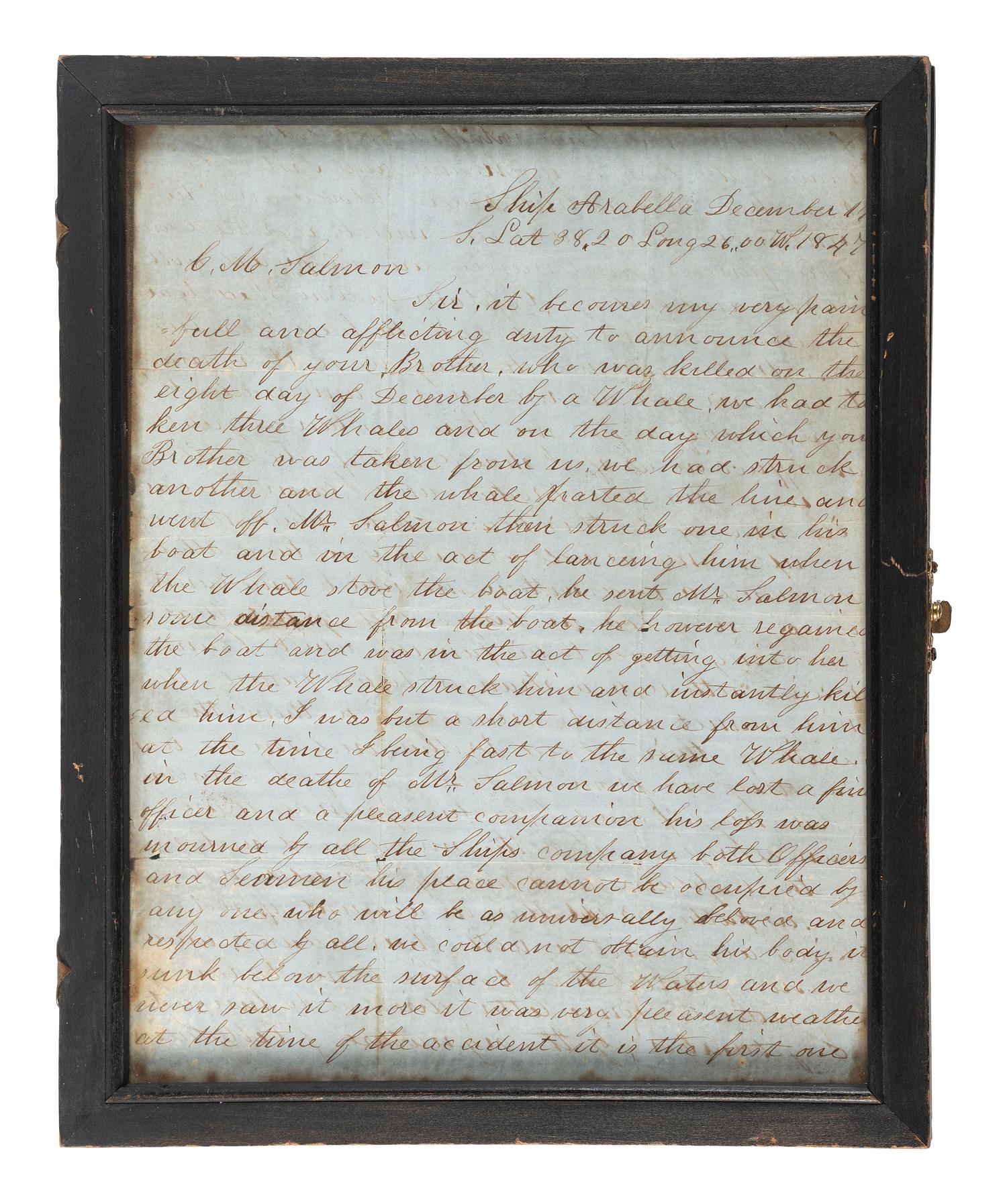 [WHALING]. HODGSON, James. Autograph letter signed ("James Hodgson"), as First Officer of Ship Arabella, to Charles Milton Salmon (1824-1904). Ship Arabella , S. Lat 38.20 Long. 26.00 W, 17 December 1847.