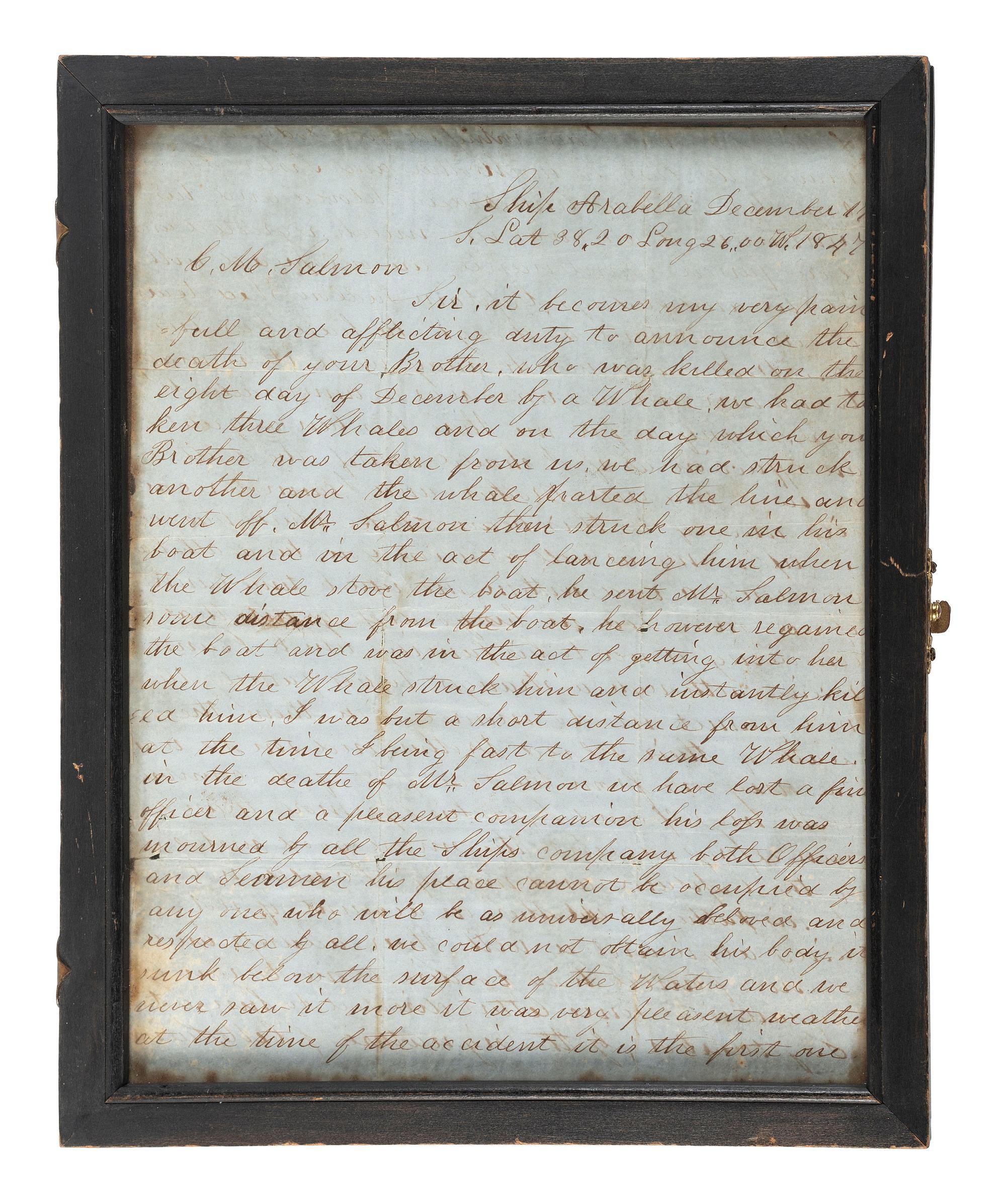 [WHALING]. HODGSON, James. Autograph letter signed ("James Hodgson"), as First Officer of Ship Arabella, to Charles Milton Salmon (1824-1904). Ship Arabella , S. Lat 38.20 Long. 26.00 W, 17 December 1847.
