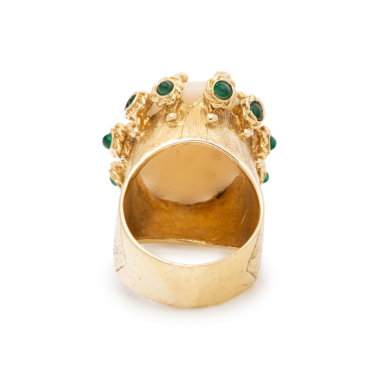 CORAL, EMERALD, AND YELLOW GOLD RING