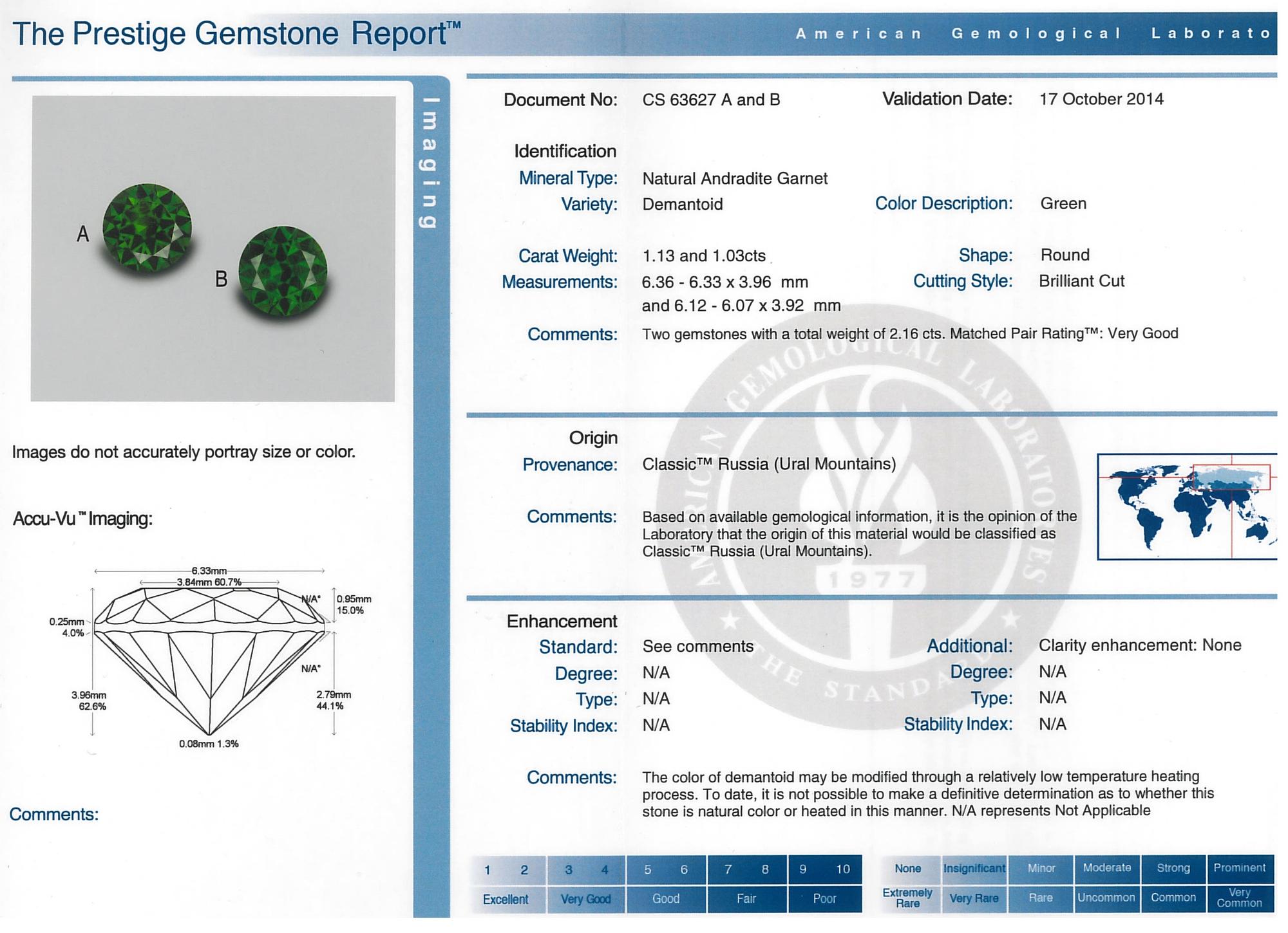 A Pair of Round Brilliant Cut Russian Demantoid Garnets Weighing 2.16 Carats Total,