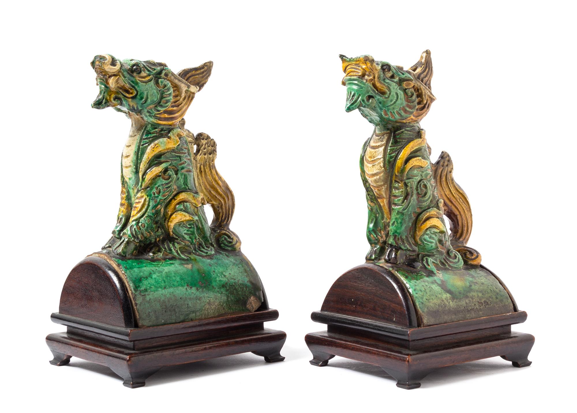 A Pair of Chinese Sancai Glazed Pottery Roof Tiles MING DYNASTY Height overall 12 1/4 inches. — MING DYNASTY