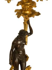 A Pair of Patinated and Gilt Bronze Figural Five-Light Candelabra Mounted as Lamps