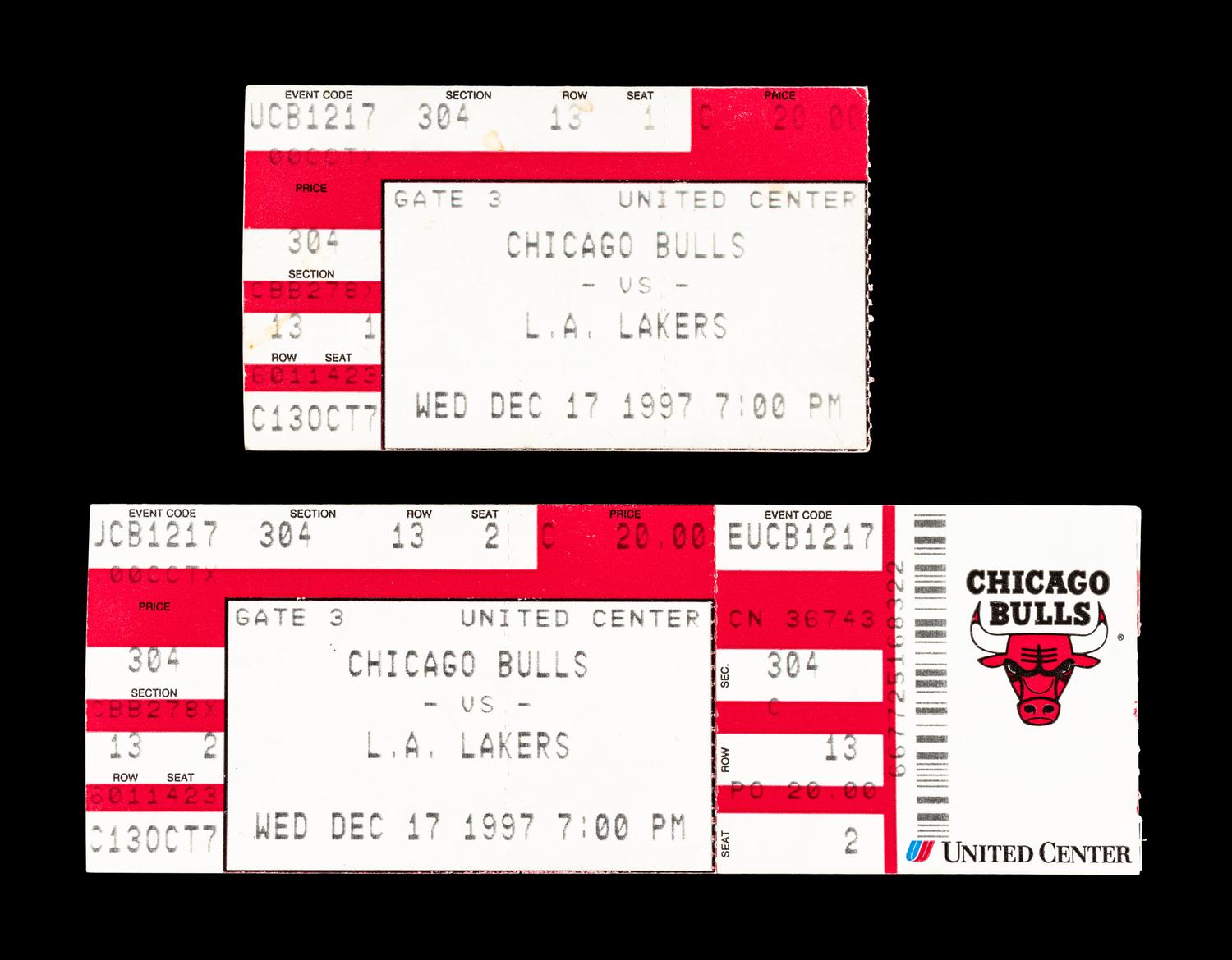 A Group of Four Important December 17, 1997 Chicago Bulls vs. Los Angeles Lakers Tickets from Michael Jordan vs Kobe Bryant Duel (Jordan 36 Points - Kobe 33 Points),