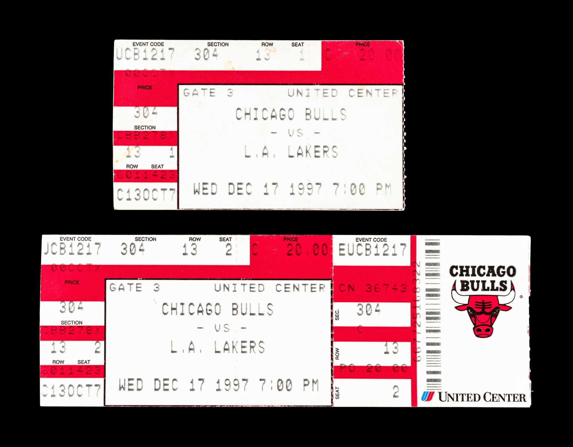 A Group of Four Important December 17, 1997 Chicago Bulls vs. Los Angeles Lakers Tickets from Michael Jordan vs Kobe Bryant Duel (Jordan 36 Points - Kobe 33 Points),