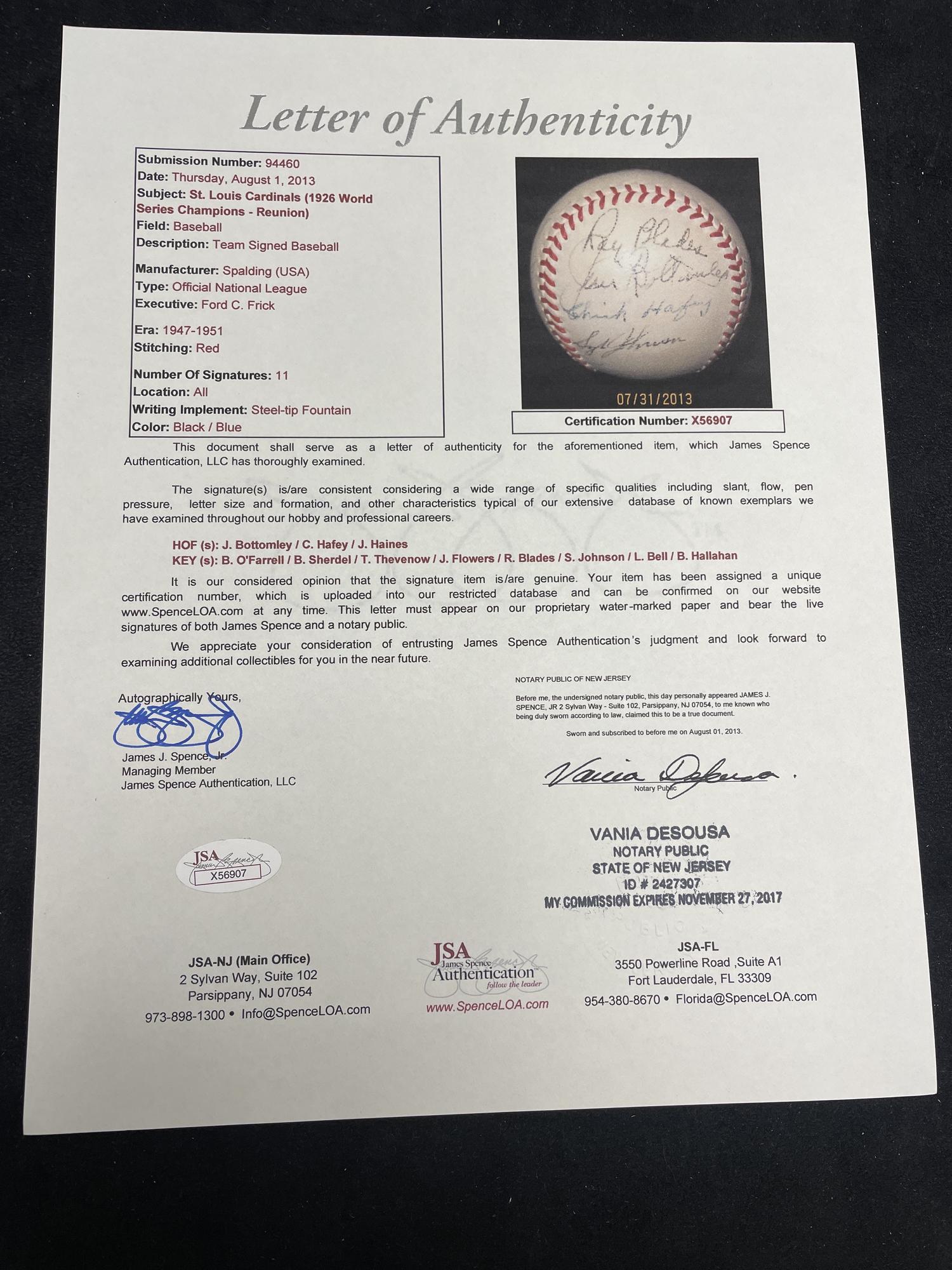 A 1926 St. Louis Cardinals Reunion Multi Signed Baseball Featuring Multiple Hall of Famers (JSA Letter of Authenticity)