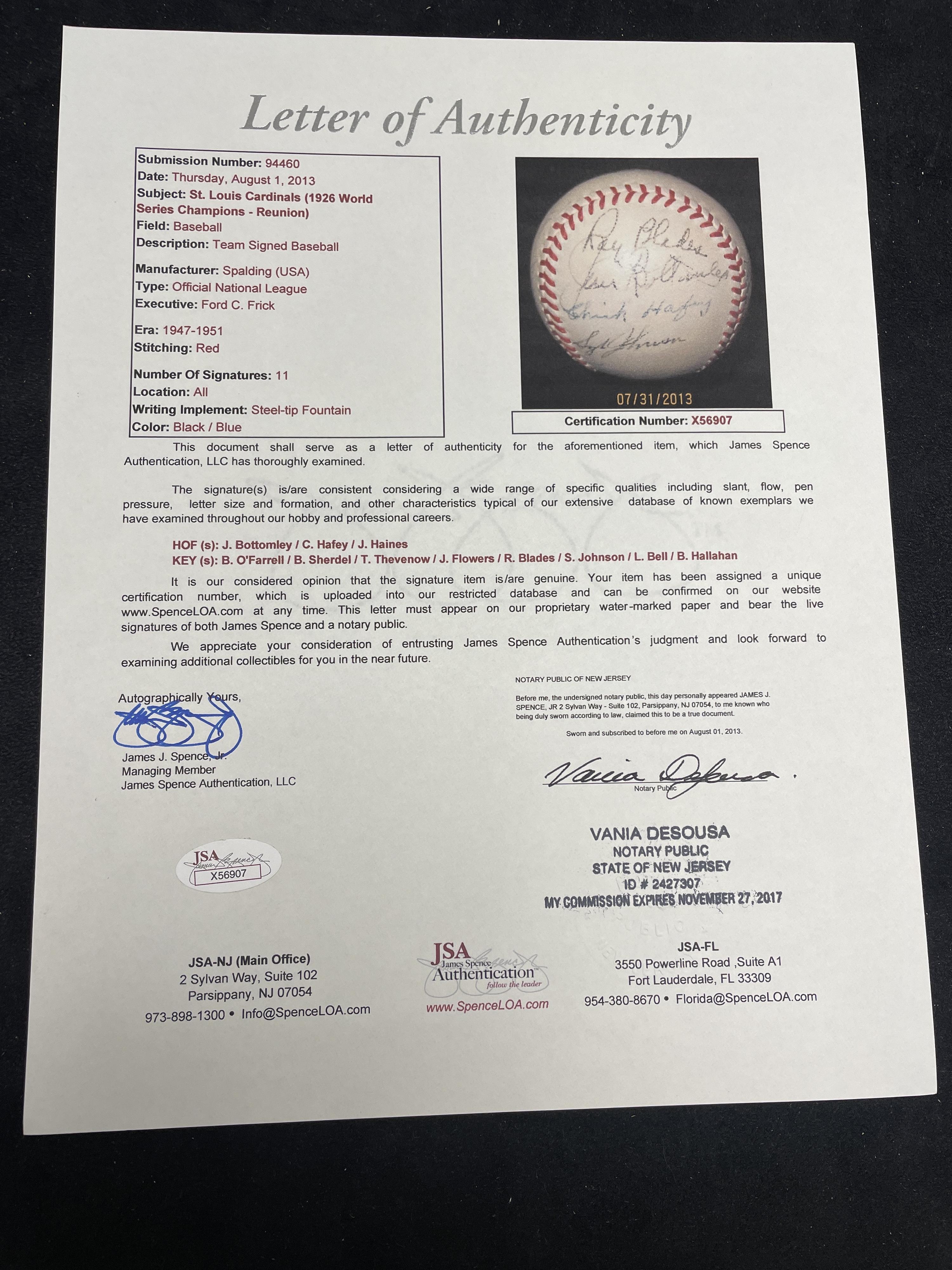 A 1926 St. Louis Cardinals Reunion Multi Signed Baseball Featuring Multiple Hall of Famers (JSA Letter of Authenticity)
