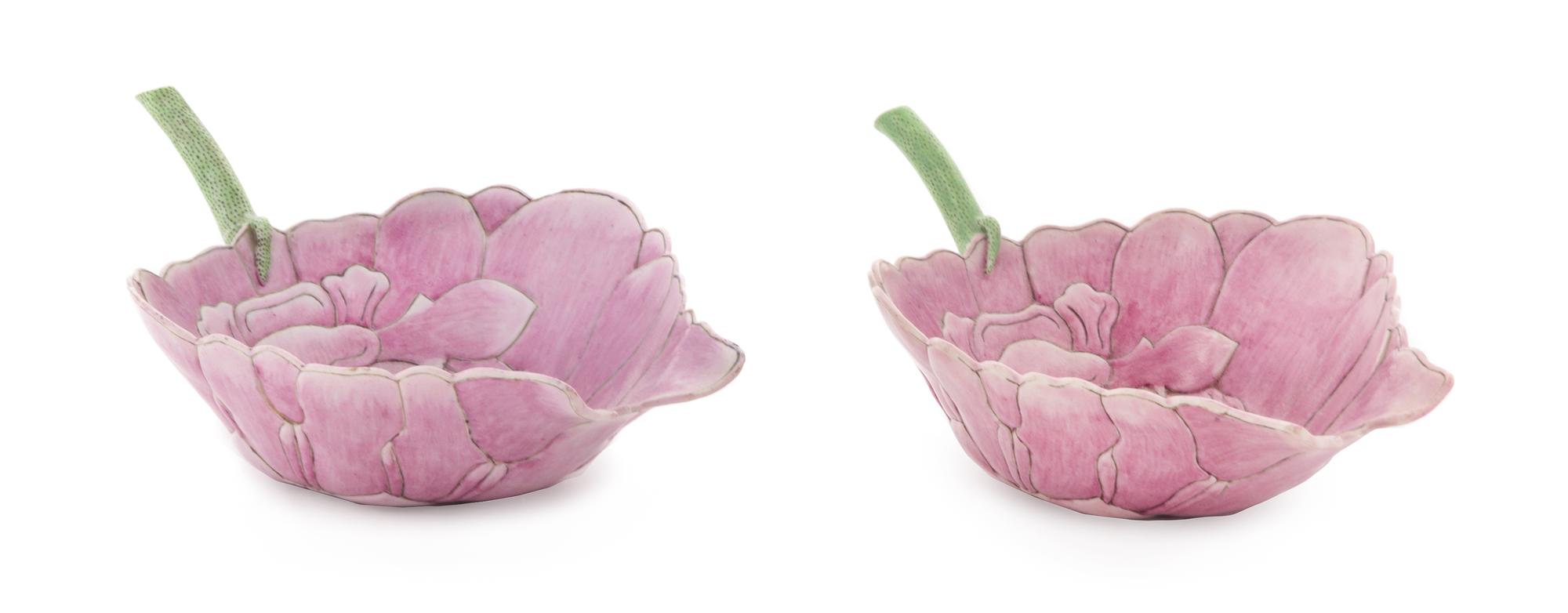 A Pair of Famille Rose Porcelain Libation Cups Width over stem 8 inches.