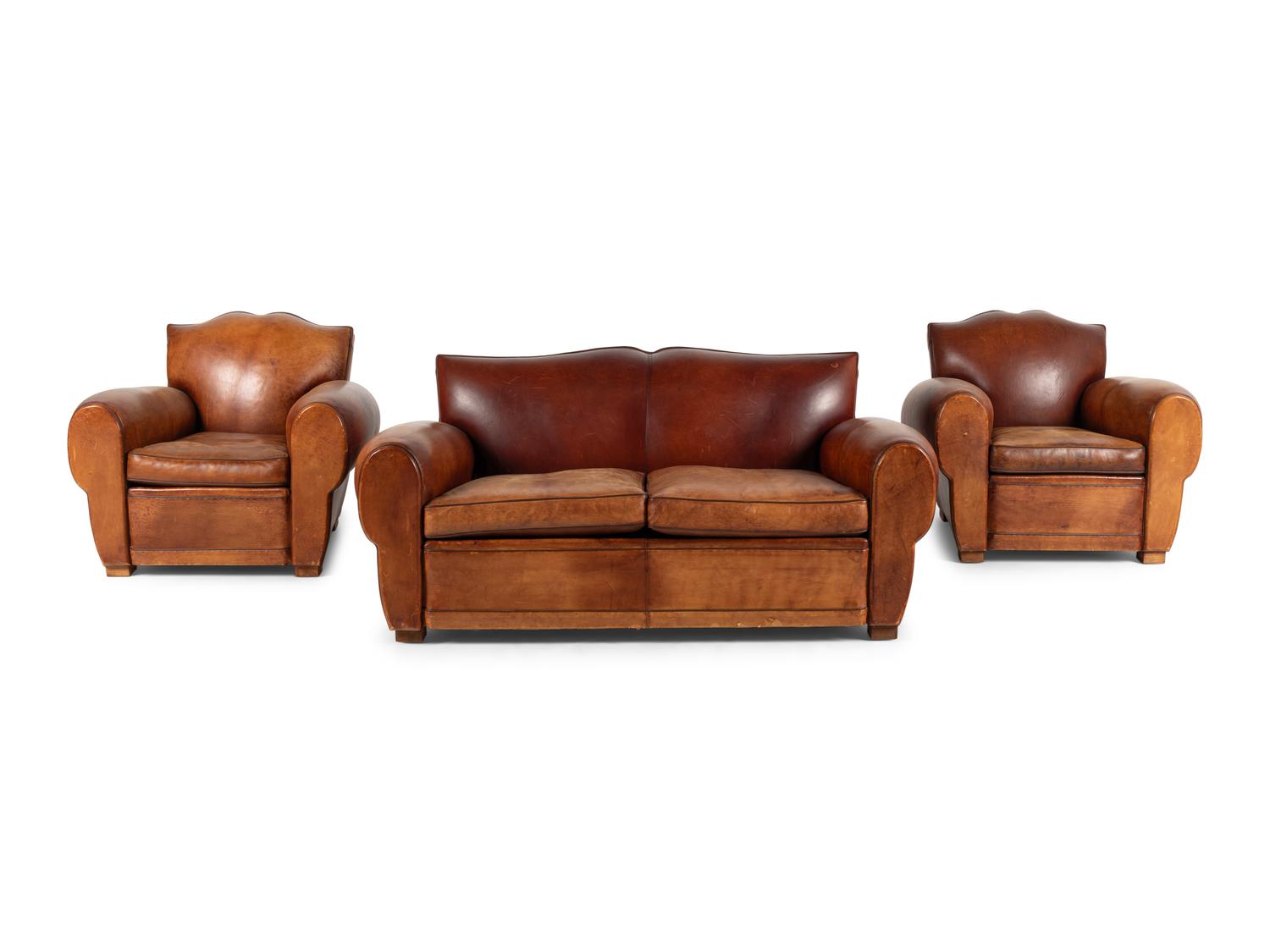An Art Deco Three-Piece Leather Seating Suite