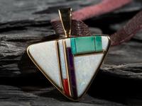 Reversible 14K Gold Pendant, set with Coral, Opal, Turquoise, and Sugilite Mosaic Inlay