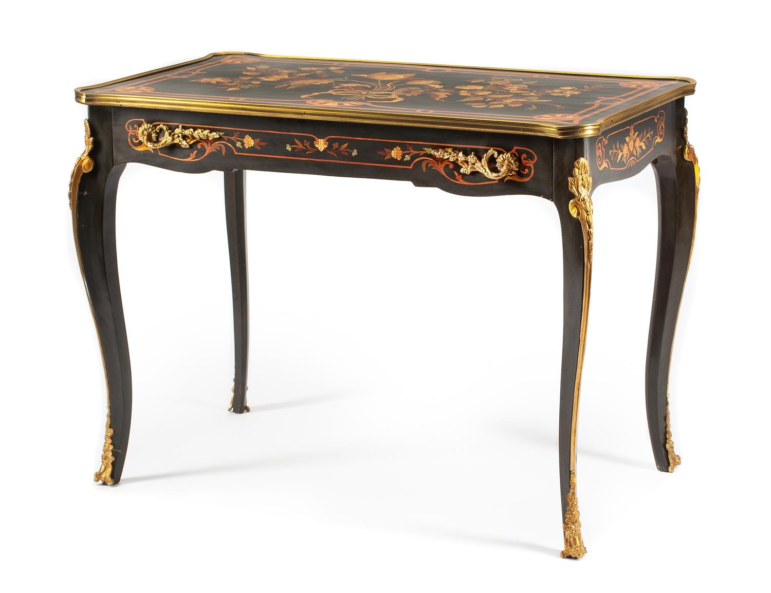 A Louis XV Style Marquetry Lady's Writing Table Height 29 x width 40 x depth 22 1/2 inches. — 20TH CENTURY