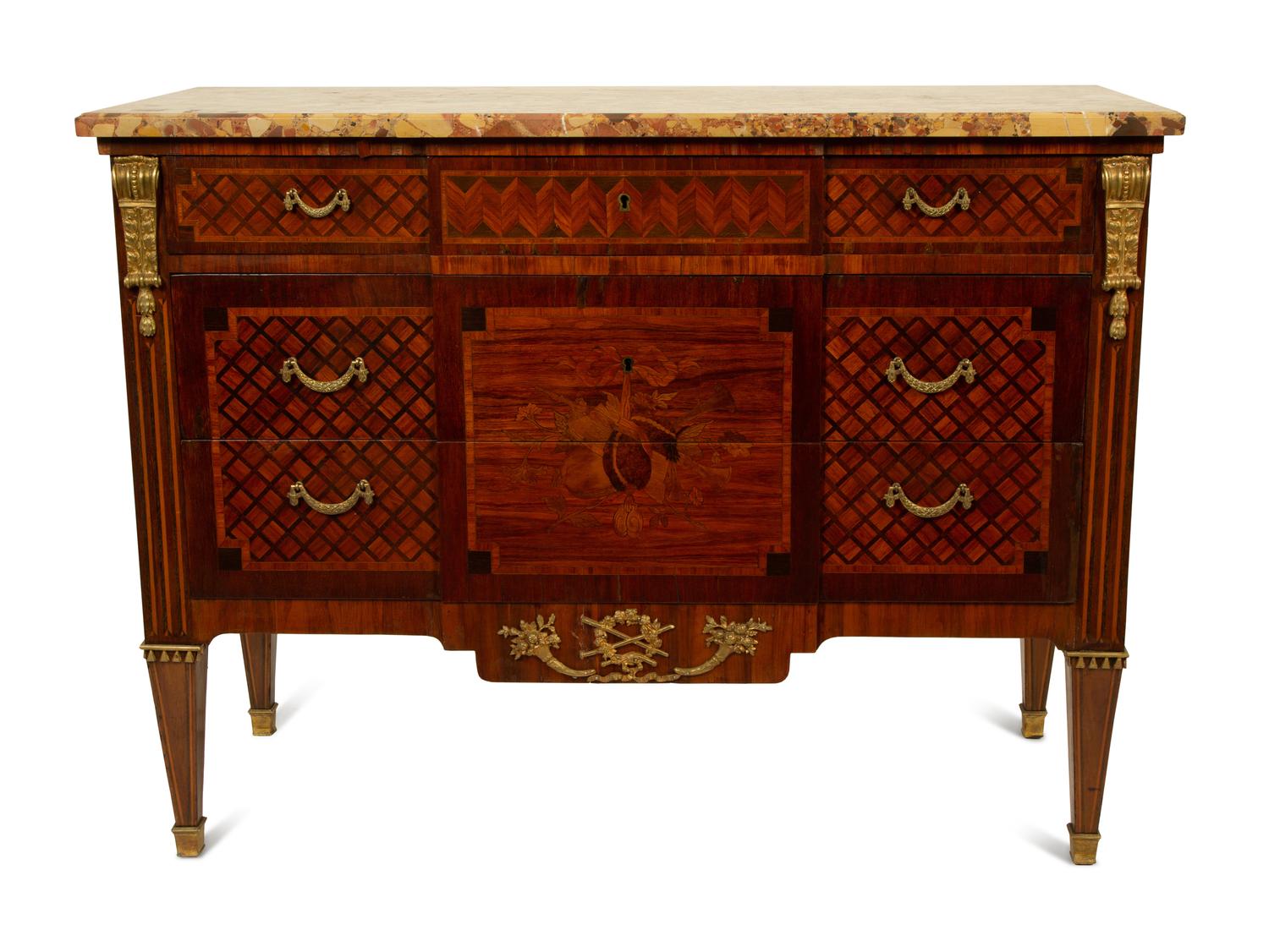 A Louis XVI Style Gilt Bronze Mounted Marquetry Marble-Top Commode — CIRCA 1900