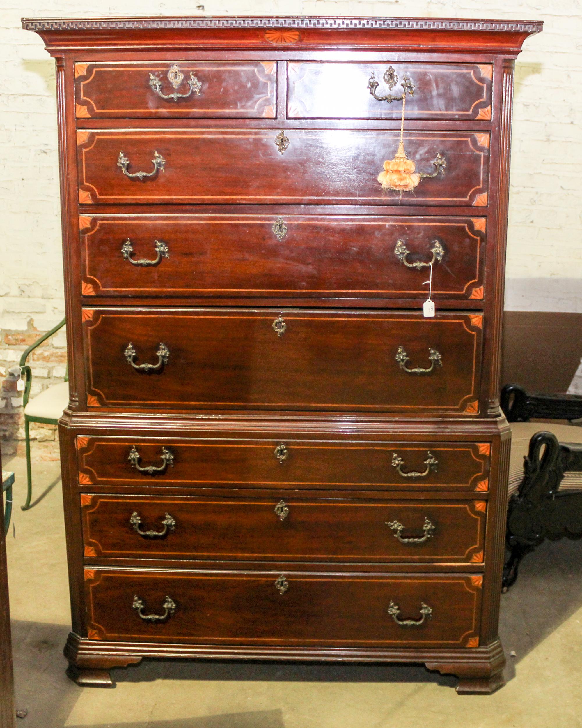 A George III Style Mahogany Secretary Chest on Chest Height 71 x width 49 1/2 x depth 23 inches.