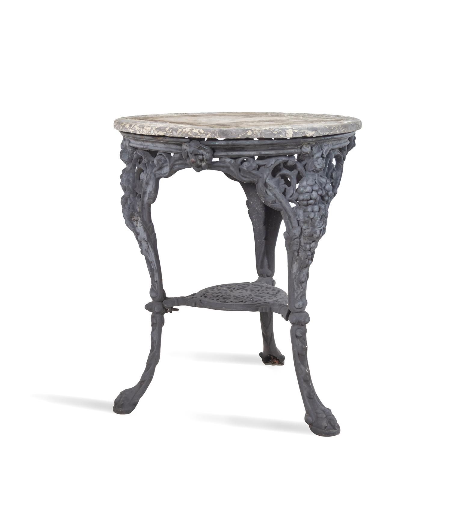 Two Cast Iron and Stone-Top Side Tables