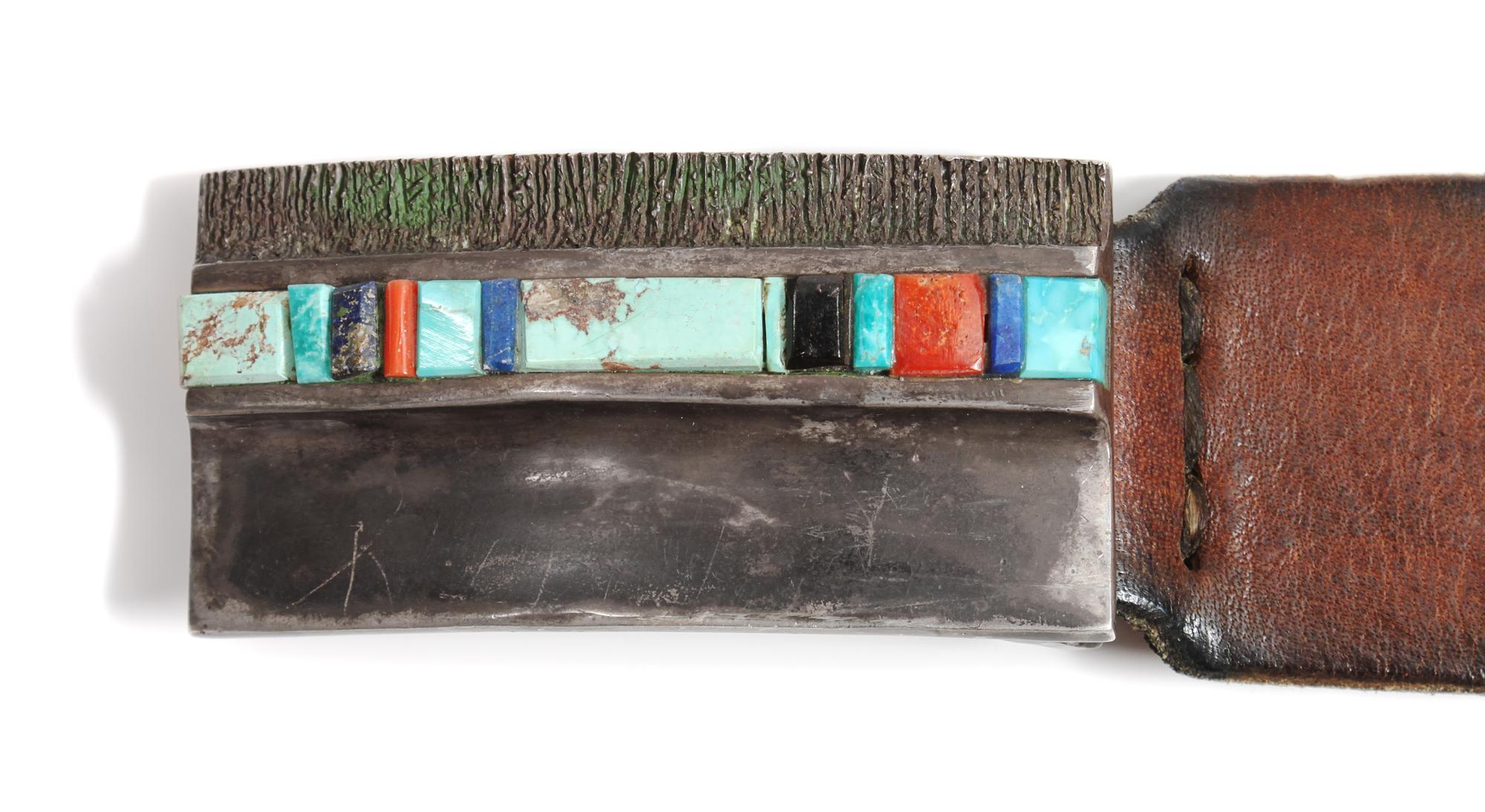 Hopi Style Silver and Multi-Stone Inlay Belt Buckle Height of buckle 1 7/8 x width 3 1/2 inches