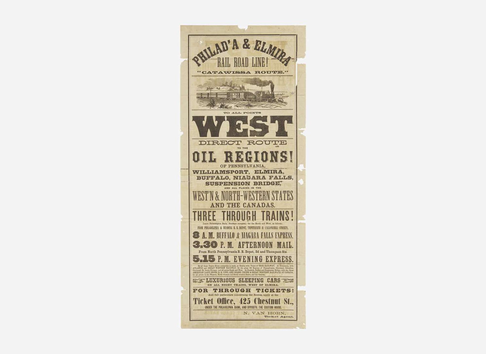 [Americana] [Oil Rush] Philad'a & Elmira Rail Road Line! "Catawissa Route." To All Points West Direct Route to the Oil Regions! Of Pennsylvania...