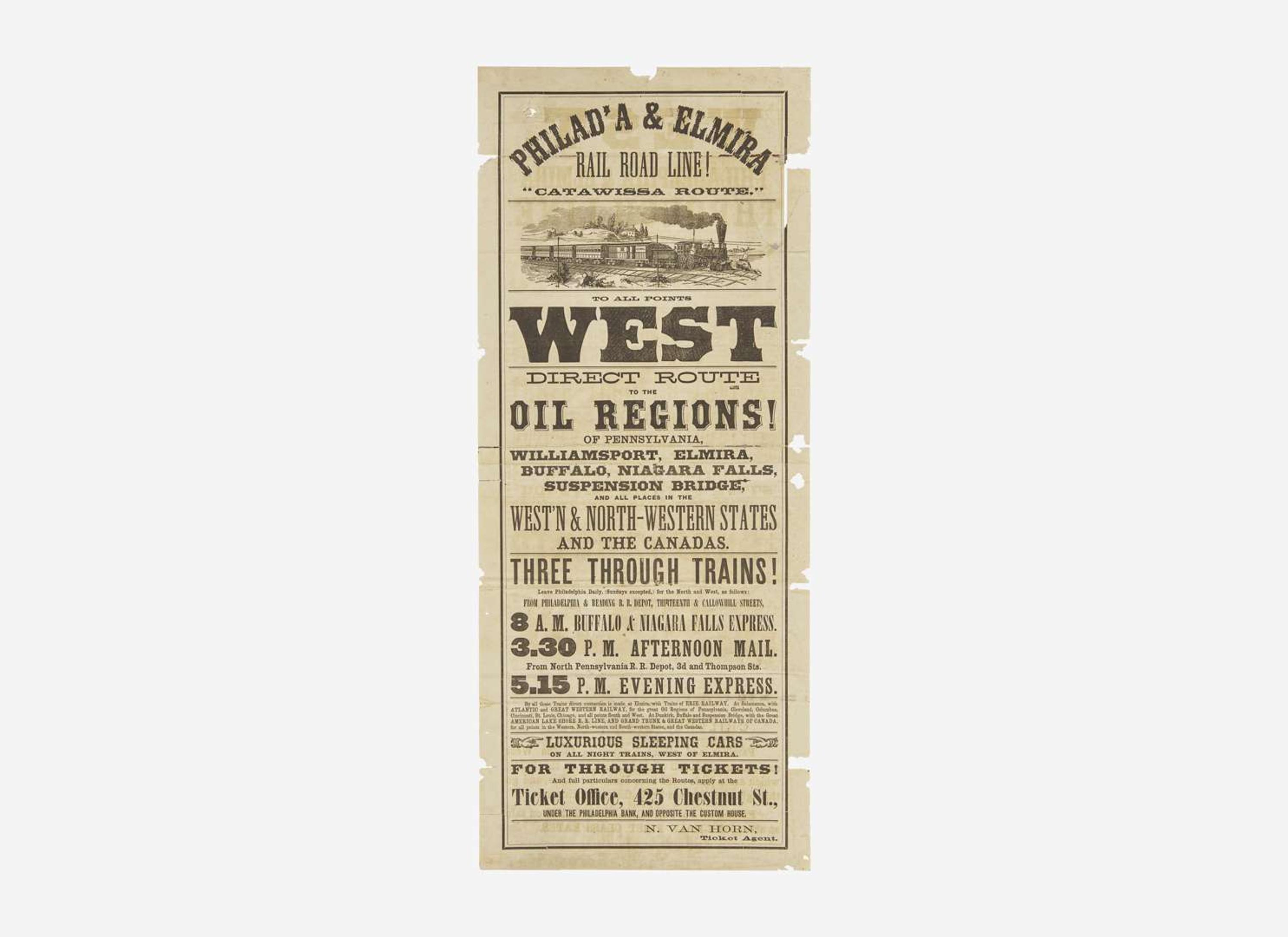 [Americana] [Oil Rush] Philad'a & Elmira Rail Road Line! "Catawissa Route." To All Points West Direct Route to the Oil Regions! Of Pennsylvania...