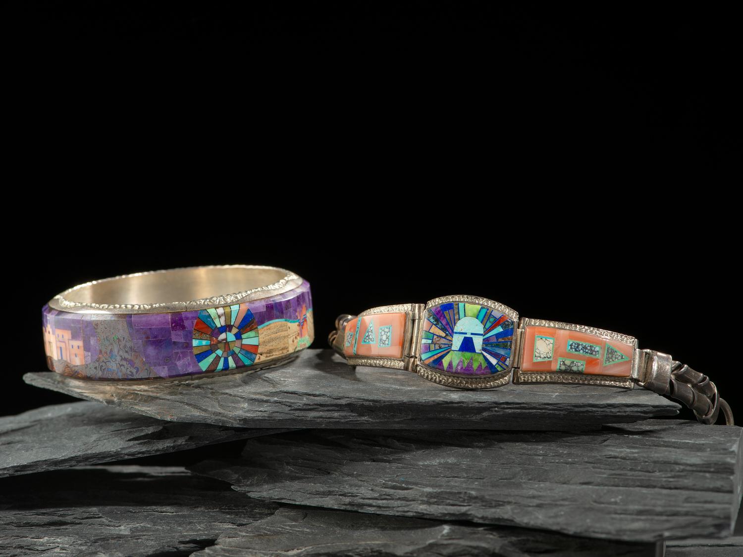 Pair of Sterling Silver and Mosaic Inlay Bangle and Link Bracelets