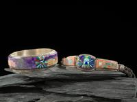 Pair of Sterling Silver and Mosaic Inlay Bangle and Link Bracelets