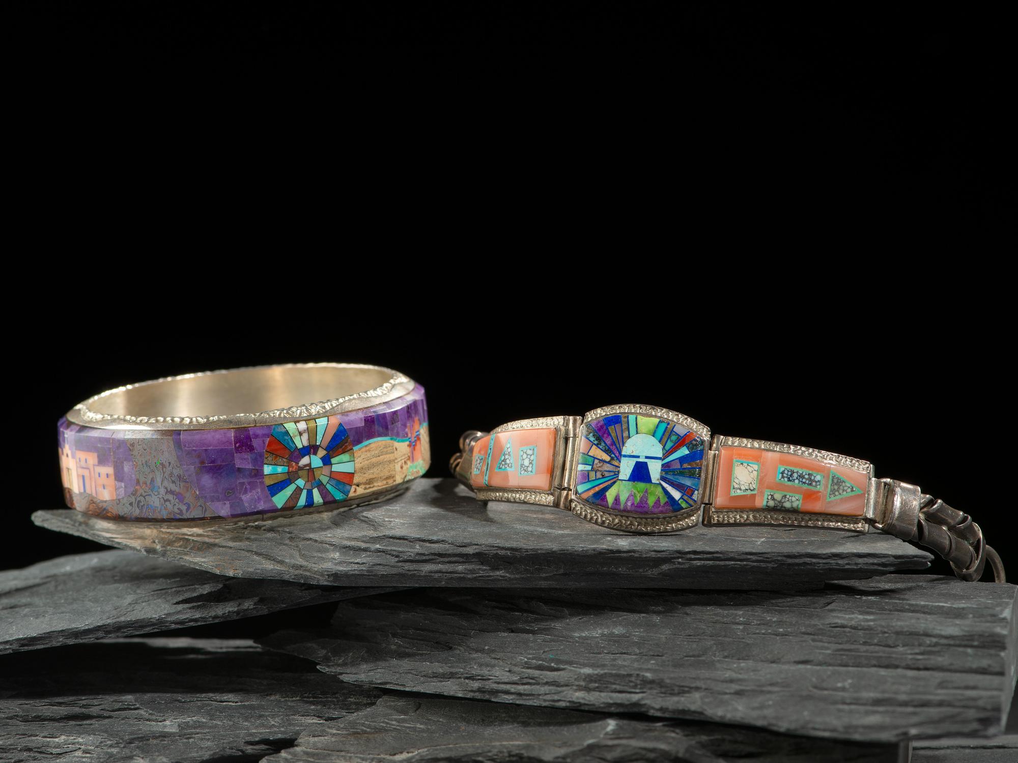 Pair of Sterling Silver and Mosaic Inlay Bangle and Link Bracelets