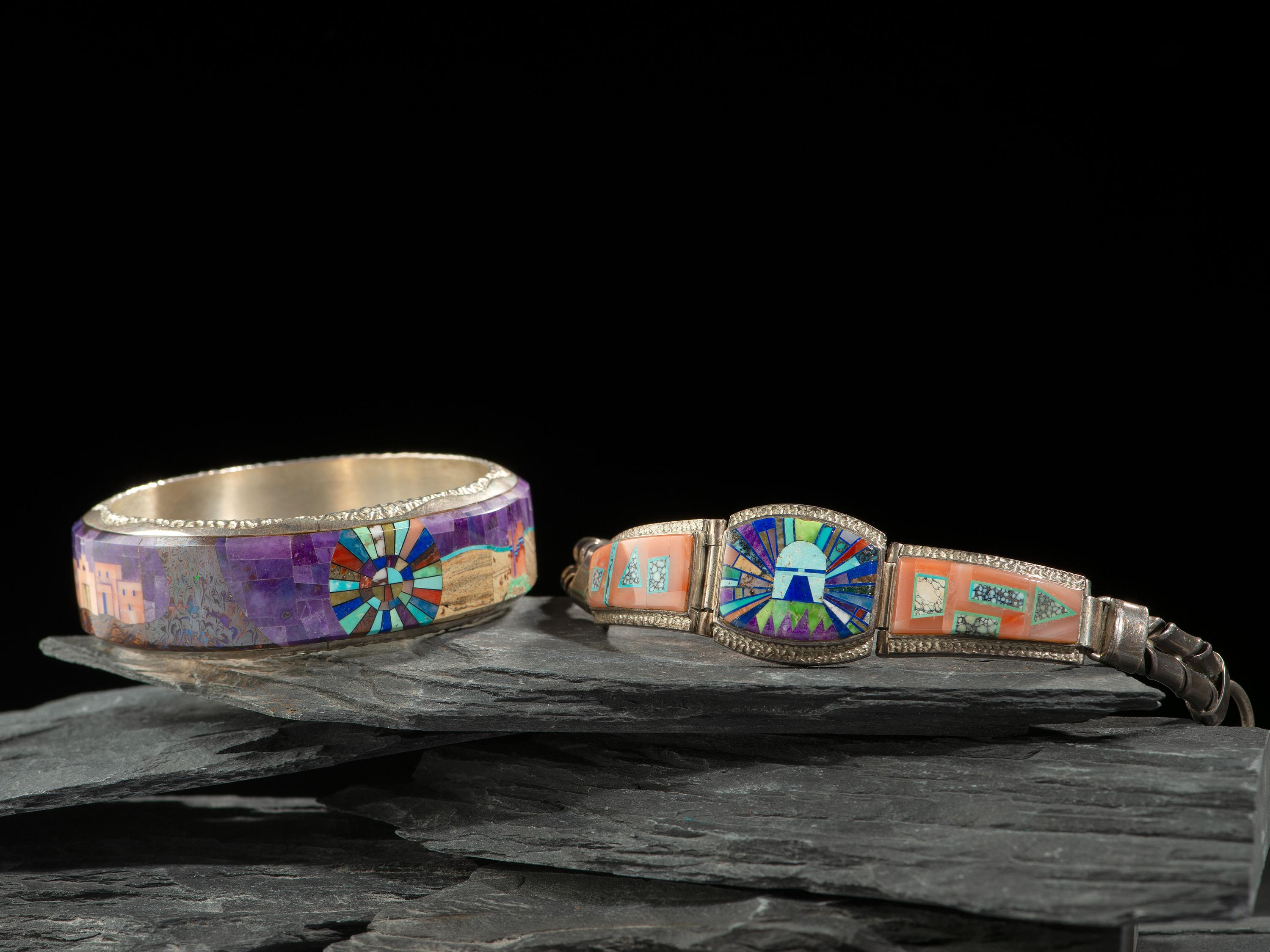 Pair of Sterling Silver and Mosaic Inlay Bangle and Link Bracelets
