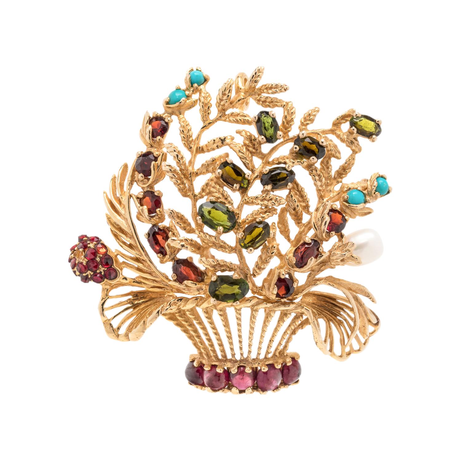 LUCIEN PICCARD, YELLOW GOLD AND MULTIGEM GIARDINETTO PENDANT/BROOCH