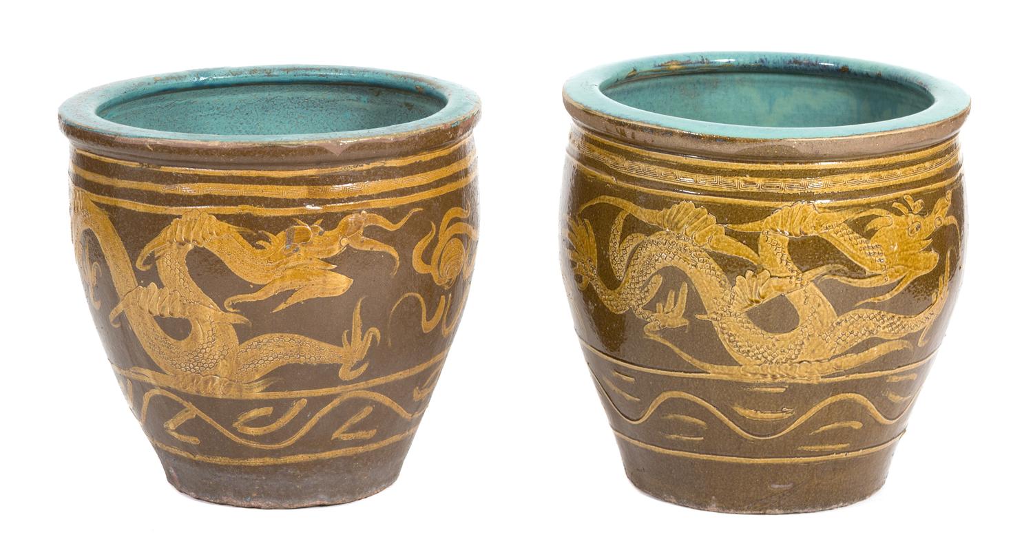 A Pair of Chinese Glazed Pottery Egg Jars Height 20 1/2 x diameter 19 1/2 inches — 20TH CENTURY