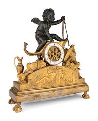 A Large Empire Ormolu and Green Patinated Bronze Figural Clock