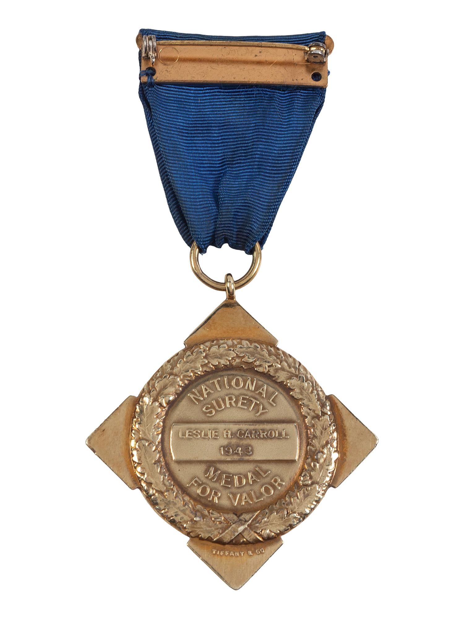 [OCCUPATIONAL]. National Surety Medal for Valor presented to African American police officer Leslie H. Carroll. New York: Tiffany & Co., 1943.