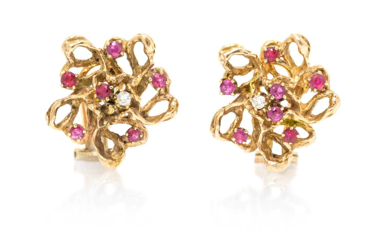 A Pair of Vintage 14 Karat Yellow Gold, Ruby and Diamond Flower Earclips, 11.10 dwts.