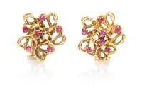 A Pair of Vintage 14 Karat Yellow Gold, Ruby and Diamond Flower Earclips, 11.10 dwts.