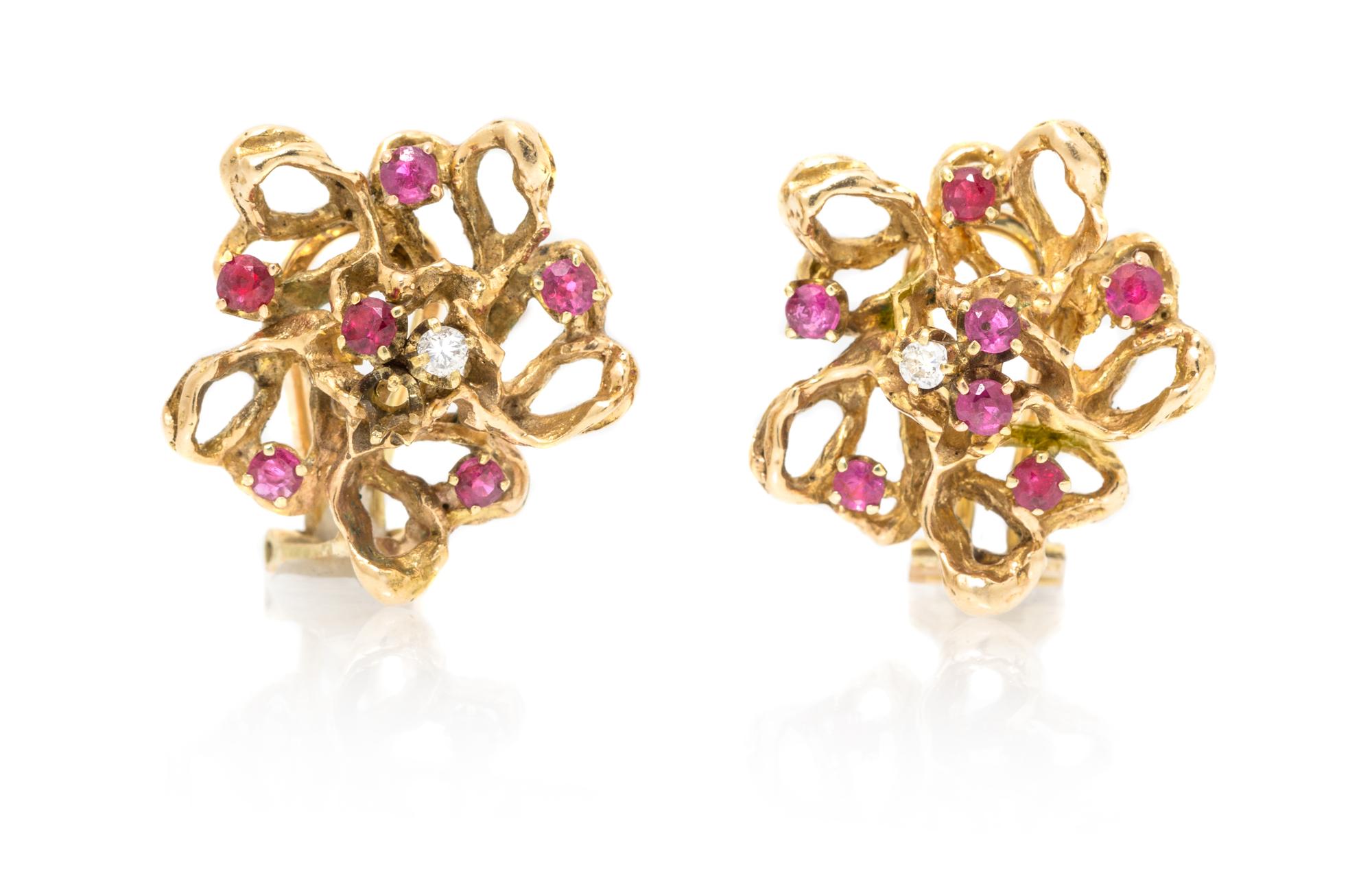 A Pair of Vintage 14 Karat Yellow Gold, Ruby and Diamond Flower Earclips, 11.10 dwts.