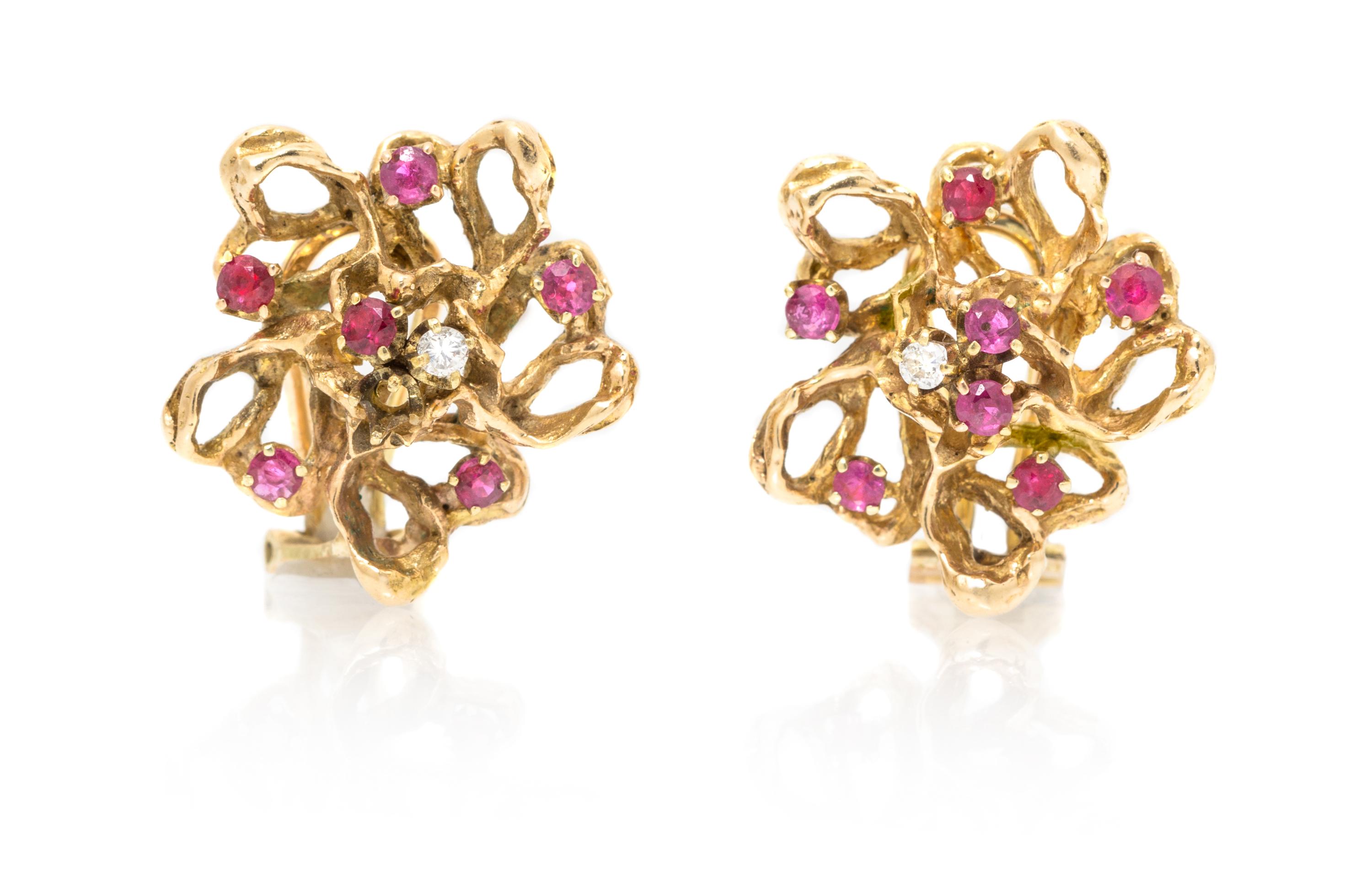 A Pair of Vintage 14 Karat Yellow Gold, Ruby and Diamond Flower Earclips, 11.10 dwts.