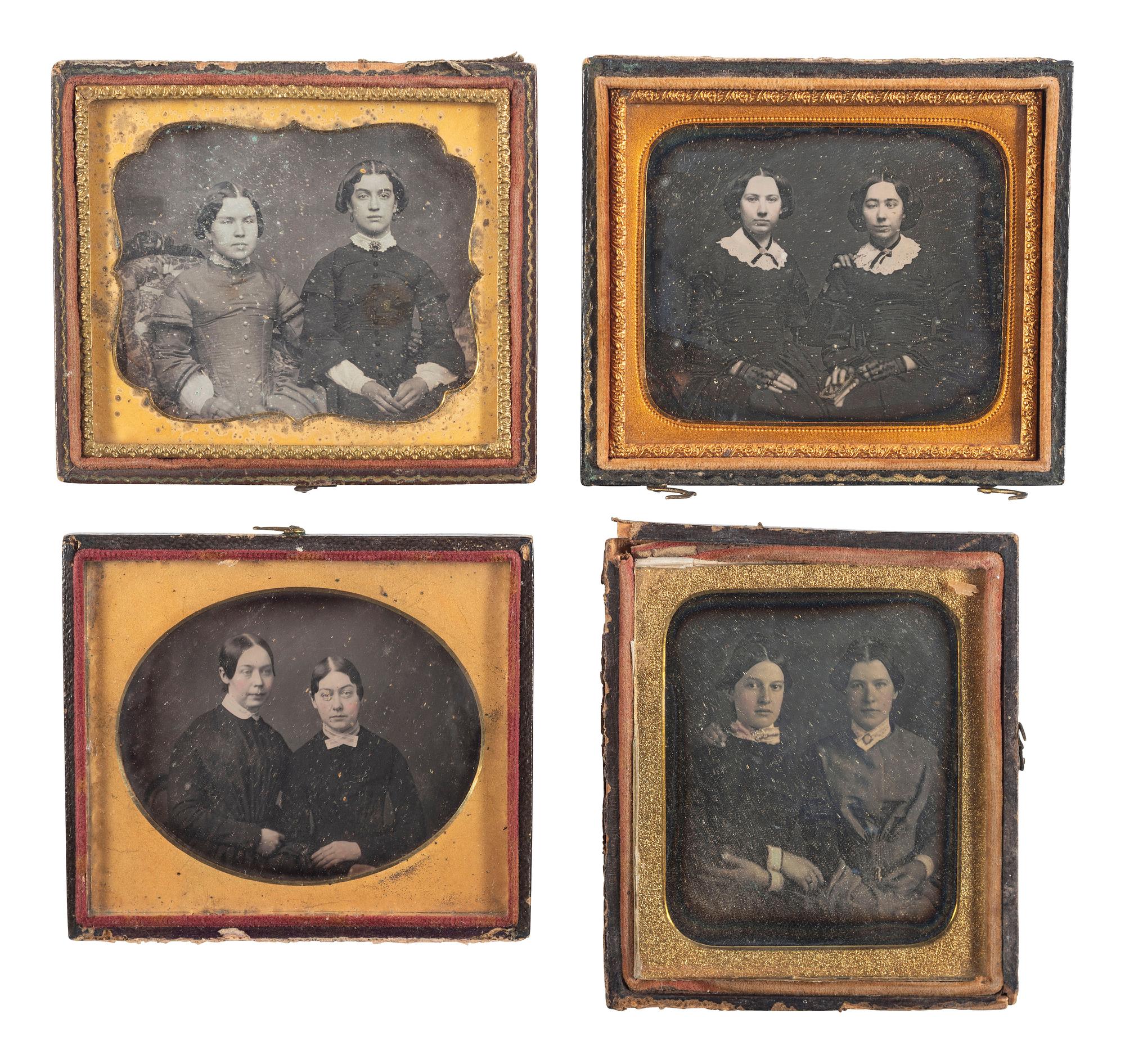 [EARLY PHOTOGRAPHY]. A group of 15 daguerreotype portraits of pairs of women, including: