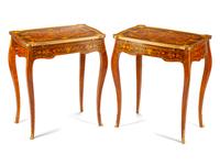 A Pair of Louis XV Style Gilt Bronze Mounted Marquetry Tables