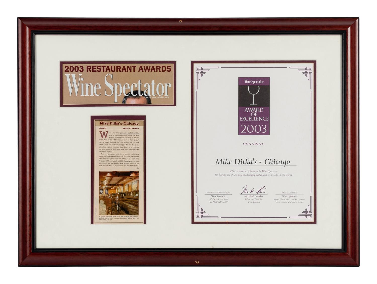 A Group of Nine Dining Awards and Honors Formerly Displayed at Mike Ditka’s Restaurant