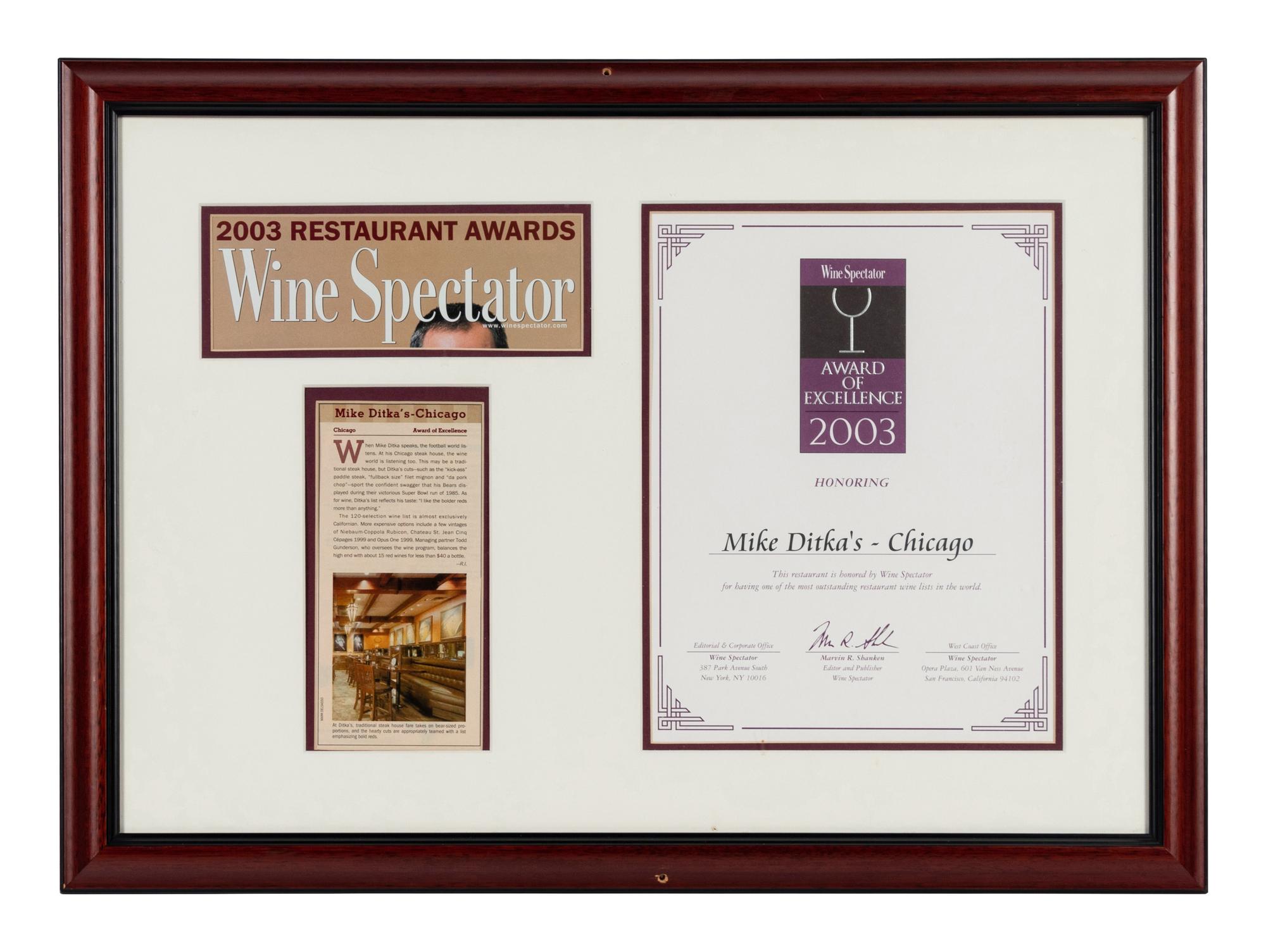 A Group of Nine Dining Awards and Honors Formerly Displayed at Mike Ditka’s Restaurant
