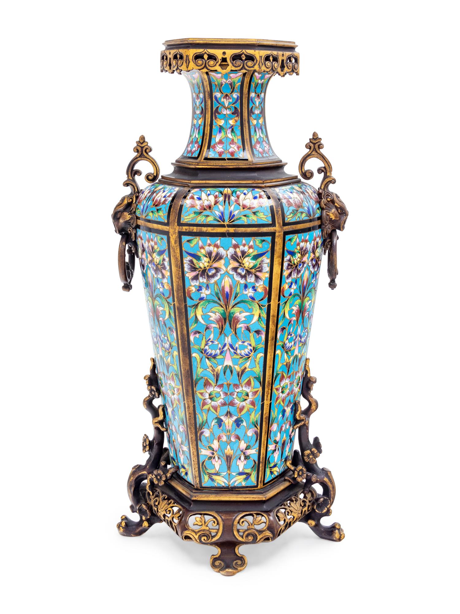 A Large Continental Gilt Metal and Champlevé Vase