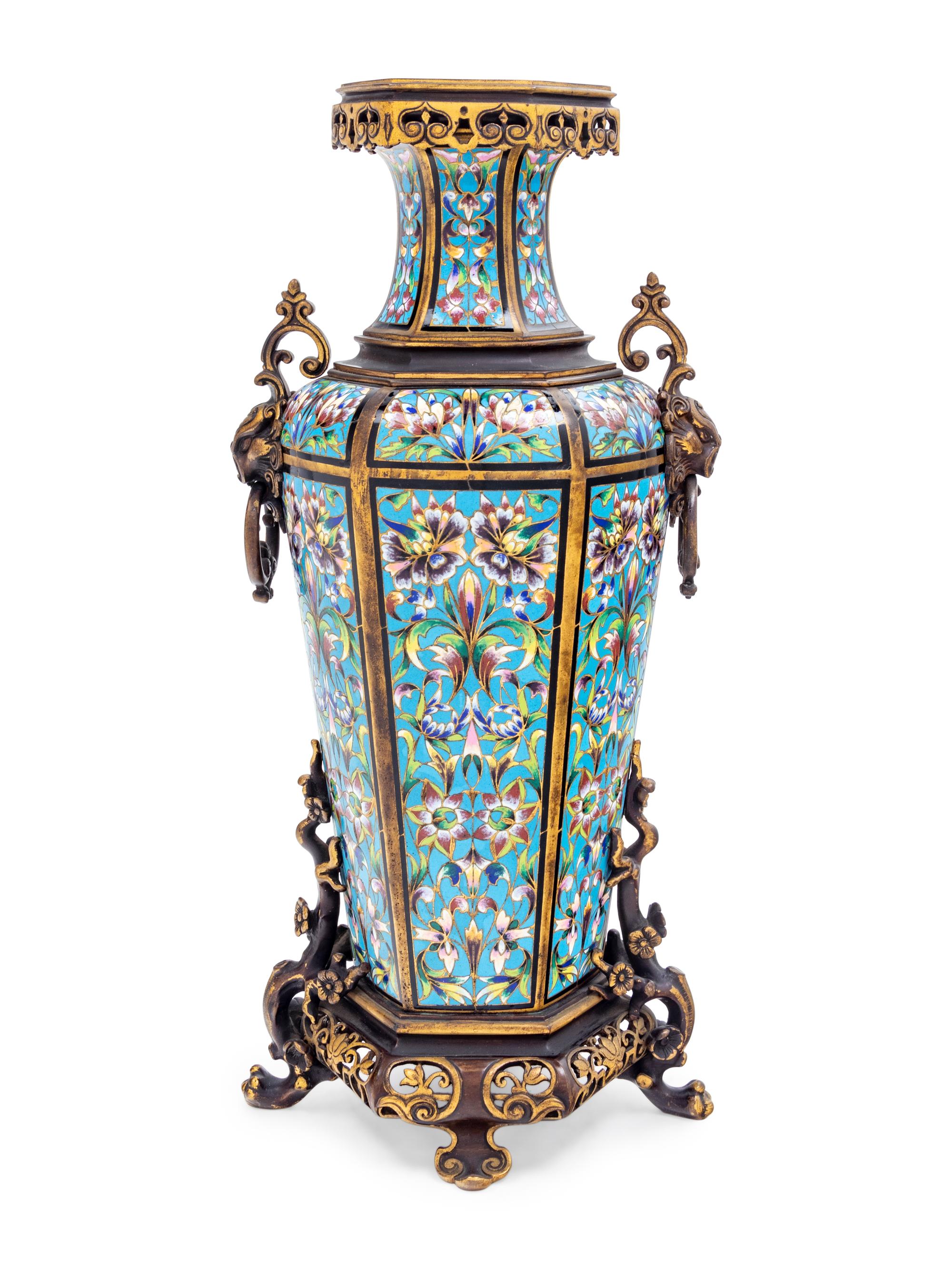 A Large Continental Gilt Metal and Champlevé Vase