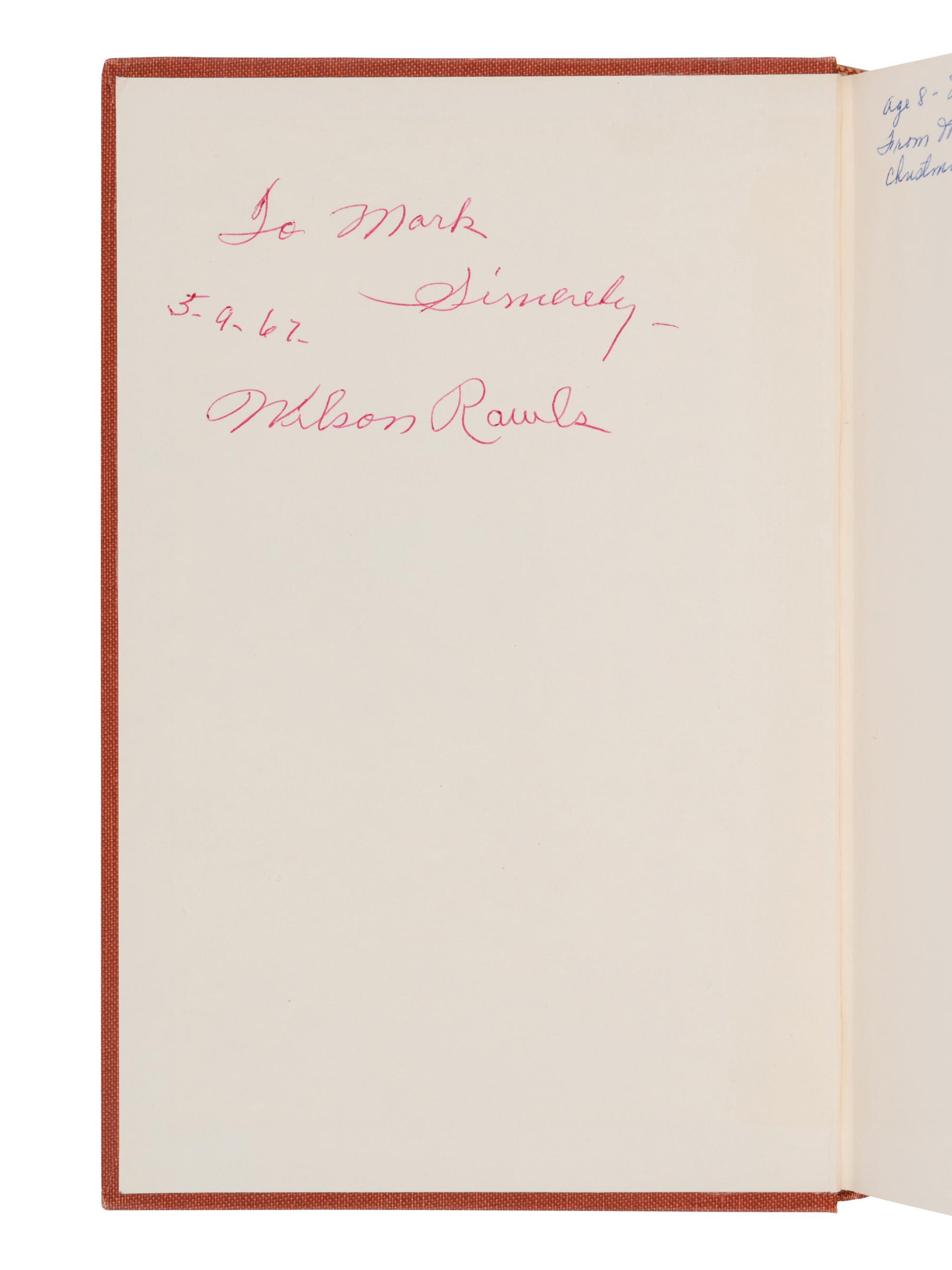 RAWLS, Woodrow Wilson (1913-1984). Where the Red Fern Grows the Story of Two Dogs and a Boy . Garden City, NY: Doubleday & Company, Inc.,1961.