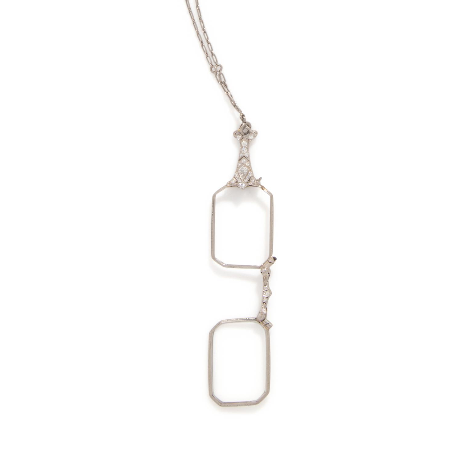 EDWARDIAN, DIAMOND AND PLATINUM LORGNETTE WITH DIAMOND COLLET CHAIN