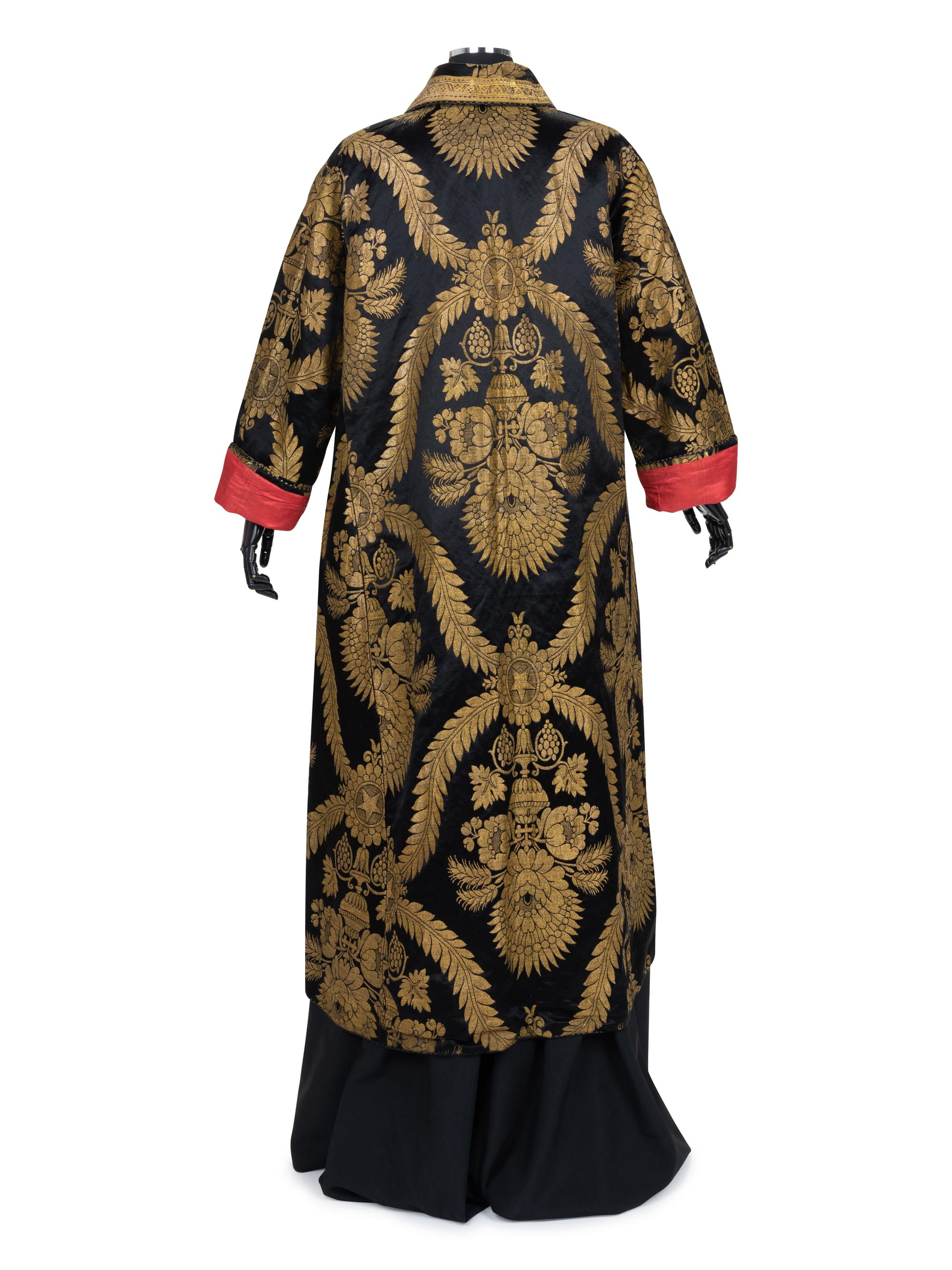 Unlabeled Satin and Gold Thread Wrap Coat
