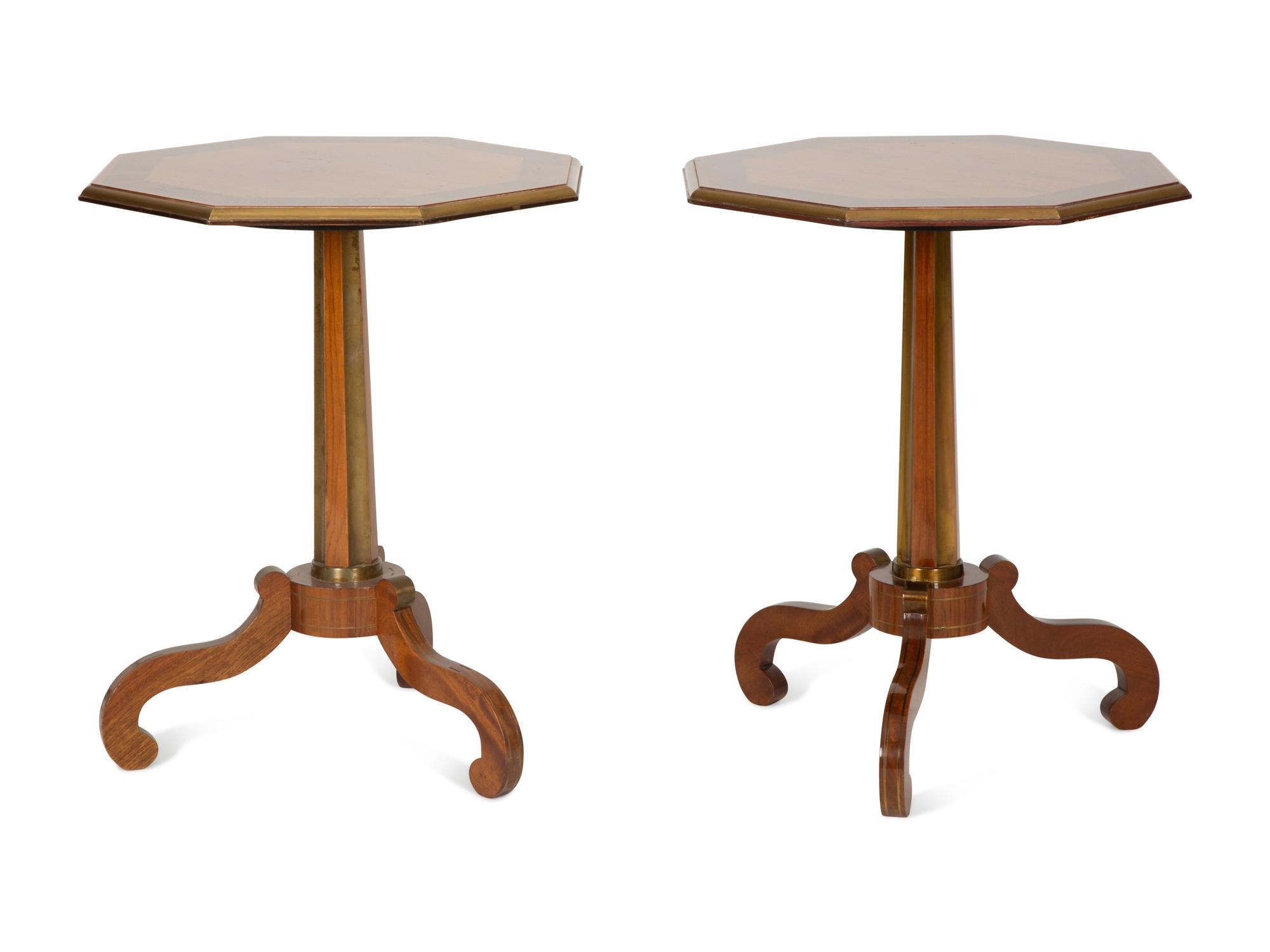 A Pair of Regency Style Hexagonal Top Crossbanded Side Tables with Brass Rims — 20TH CENTURY
