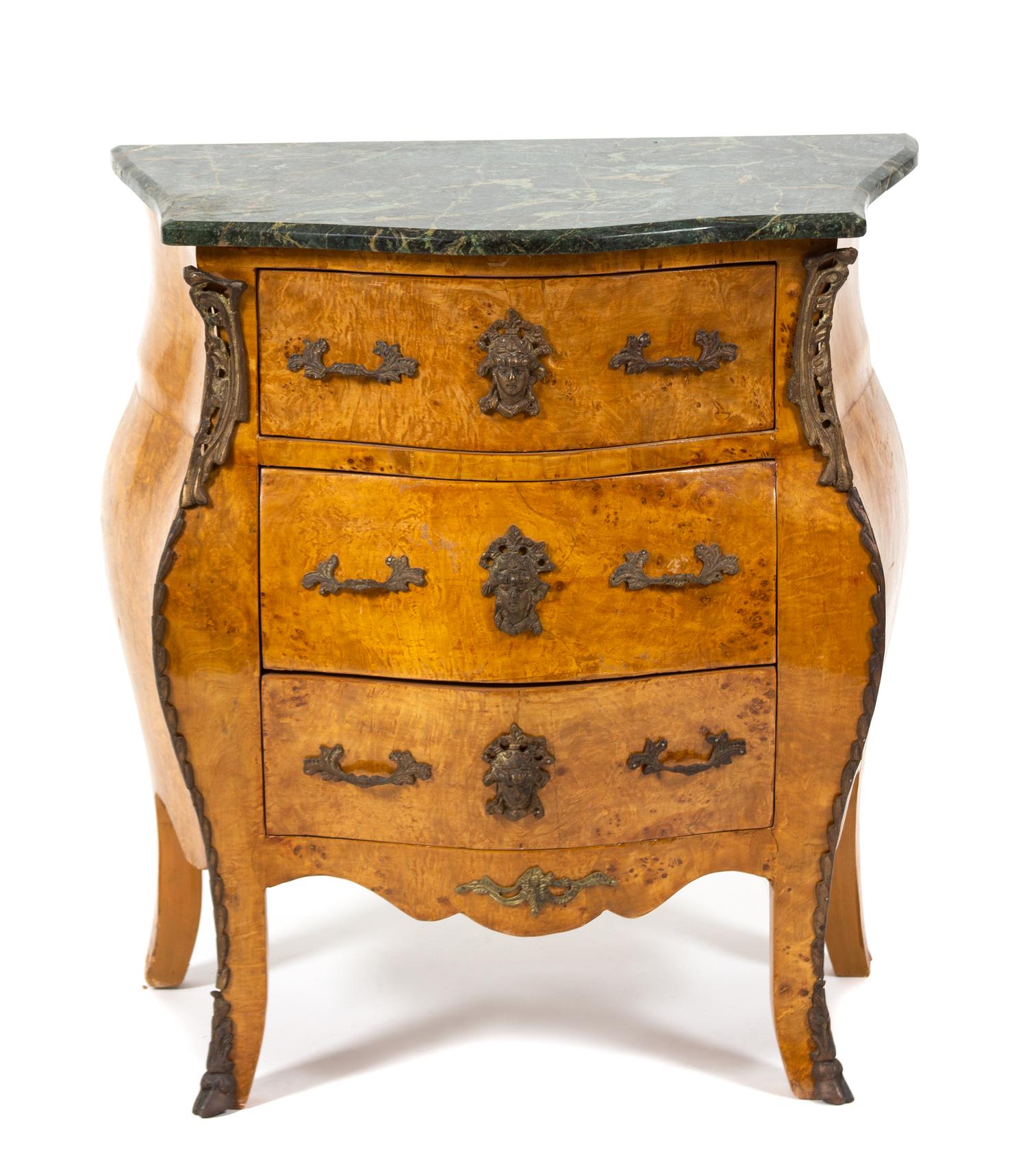 A Louis XV Style Gilt Metal Mounted Burlwood Commode Height 29 1/2 x width 26 x depth 16 inches. — 20TH CENTURY