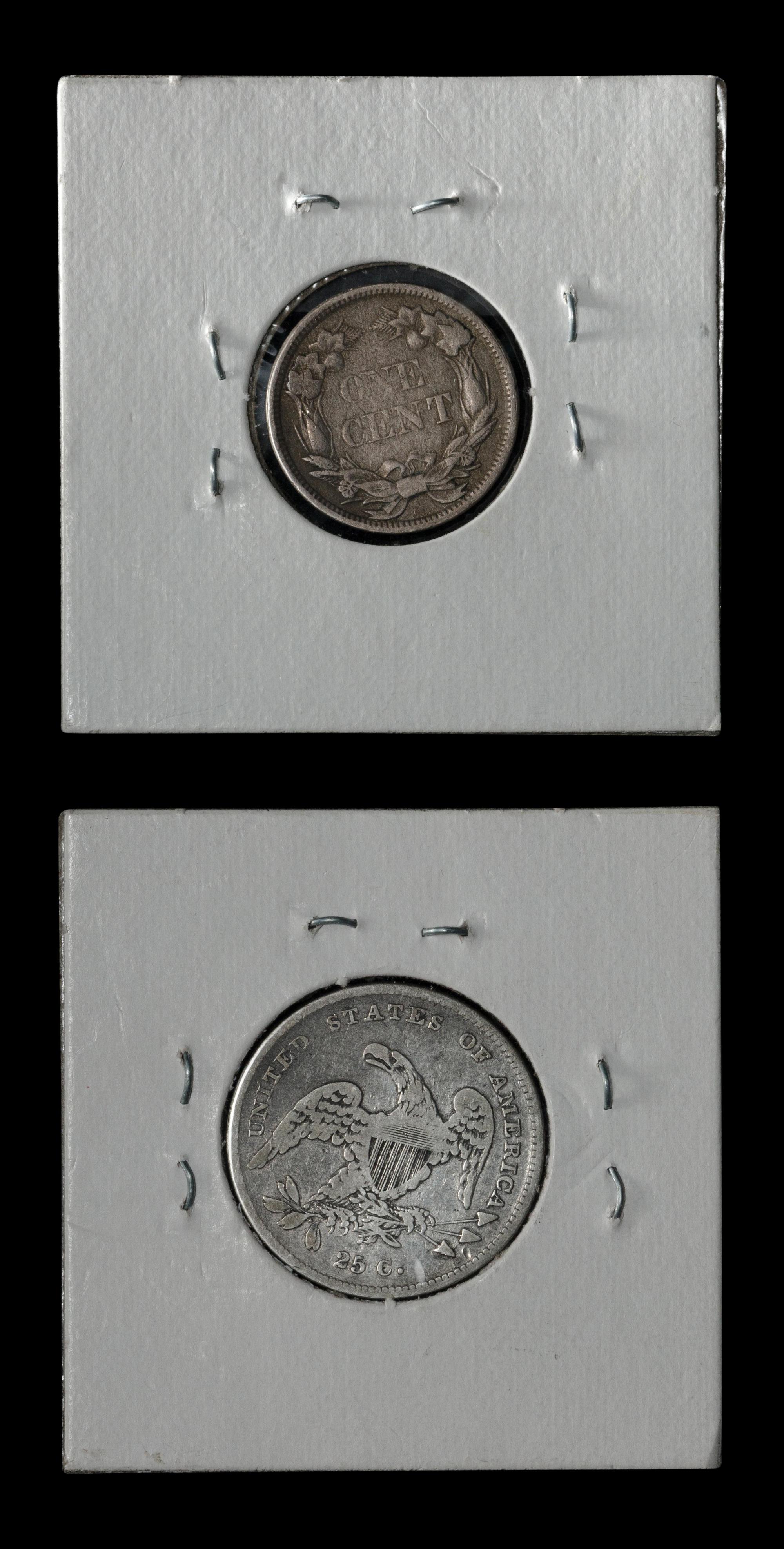 An 1831 Capped Bust 25c and an 1858 Flying Eagle 1c Coin