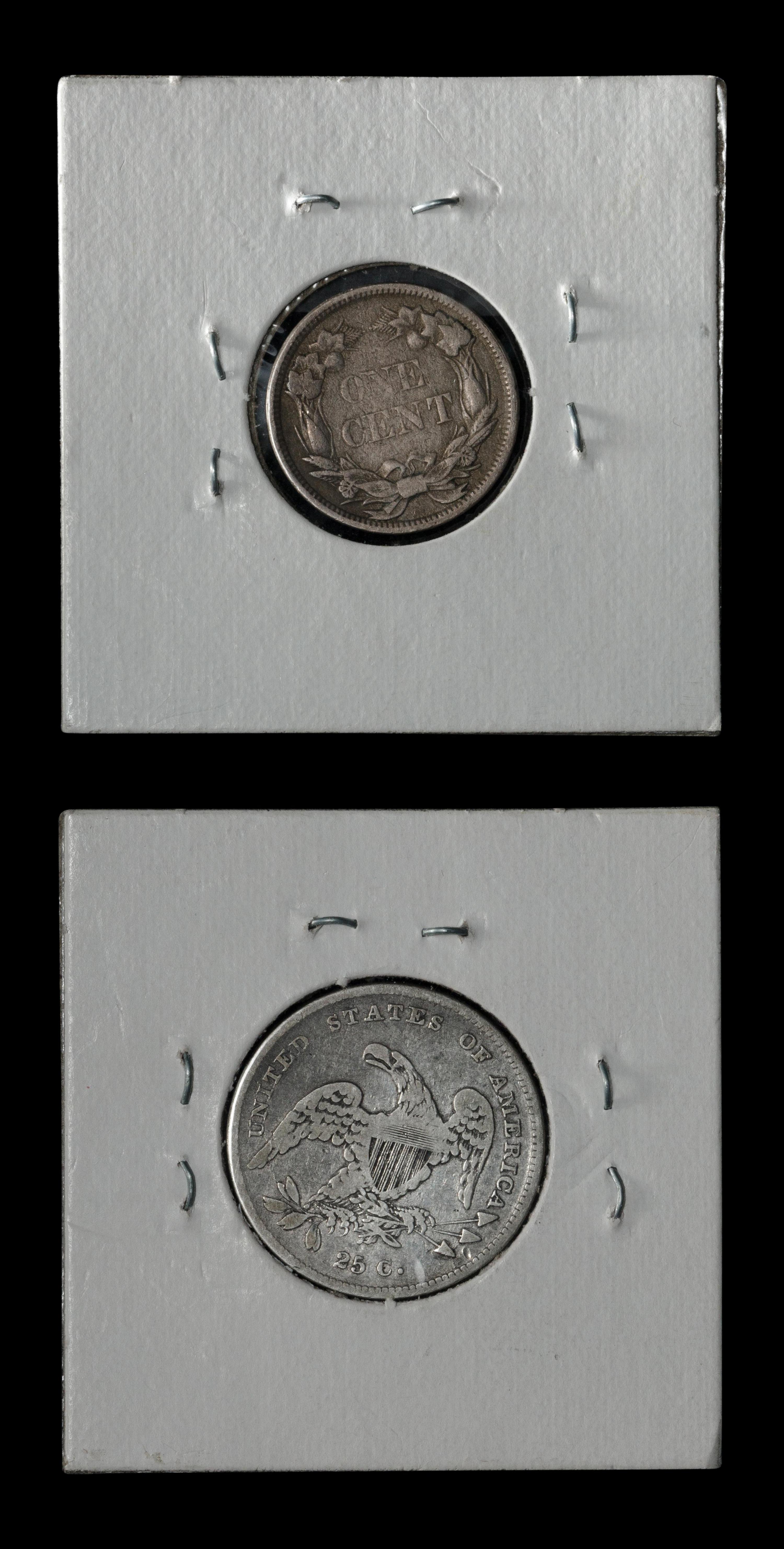 An 1831 Capped Bust 25c and an 1858 Flying Eagle 1c Coin