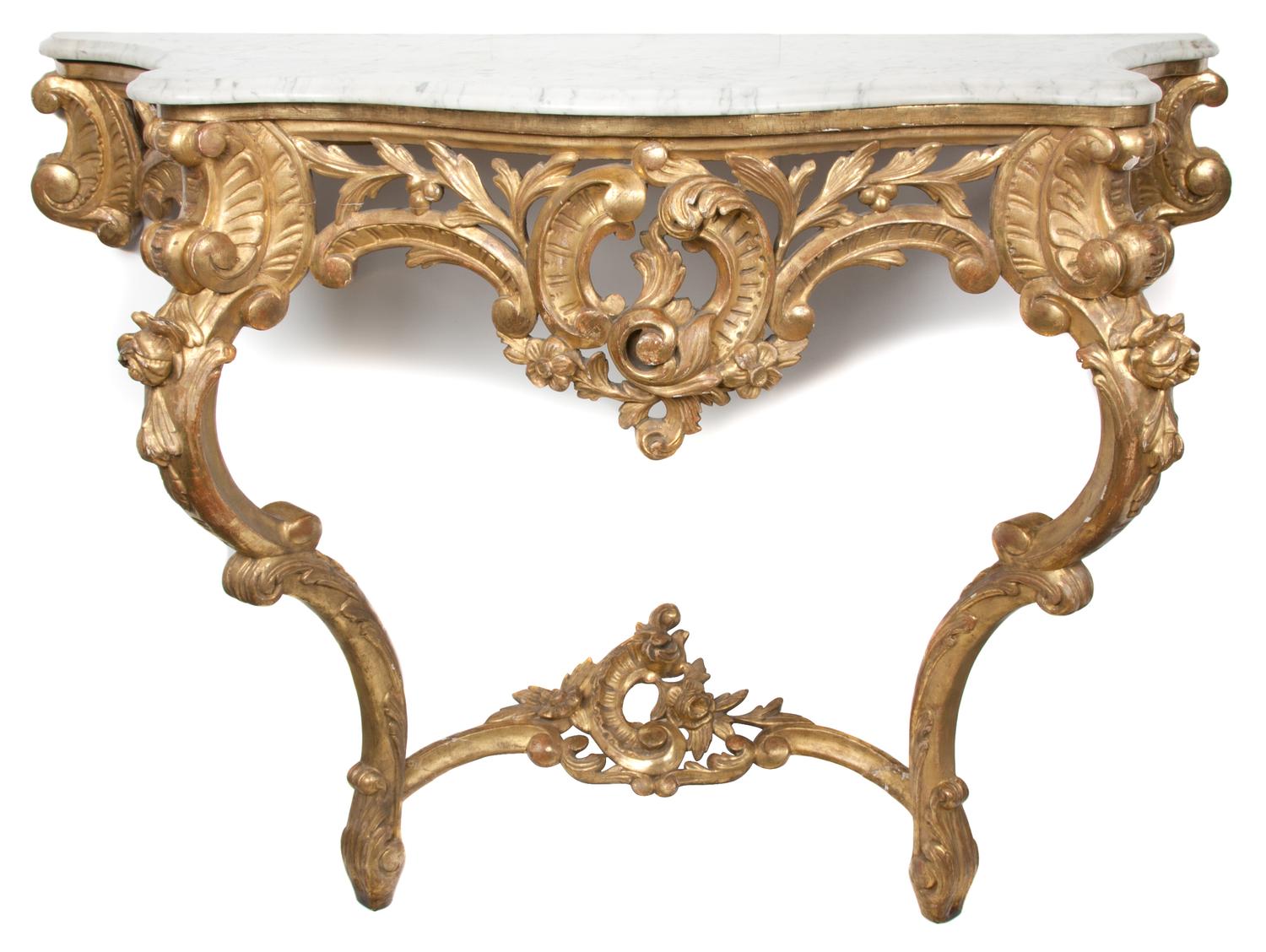 A Louis XV Style Carved Giltwood Marble Top Wall Console Height 36 x width 48 x depth 17 inches. — 19TH CENTURY